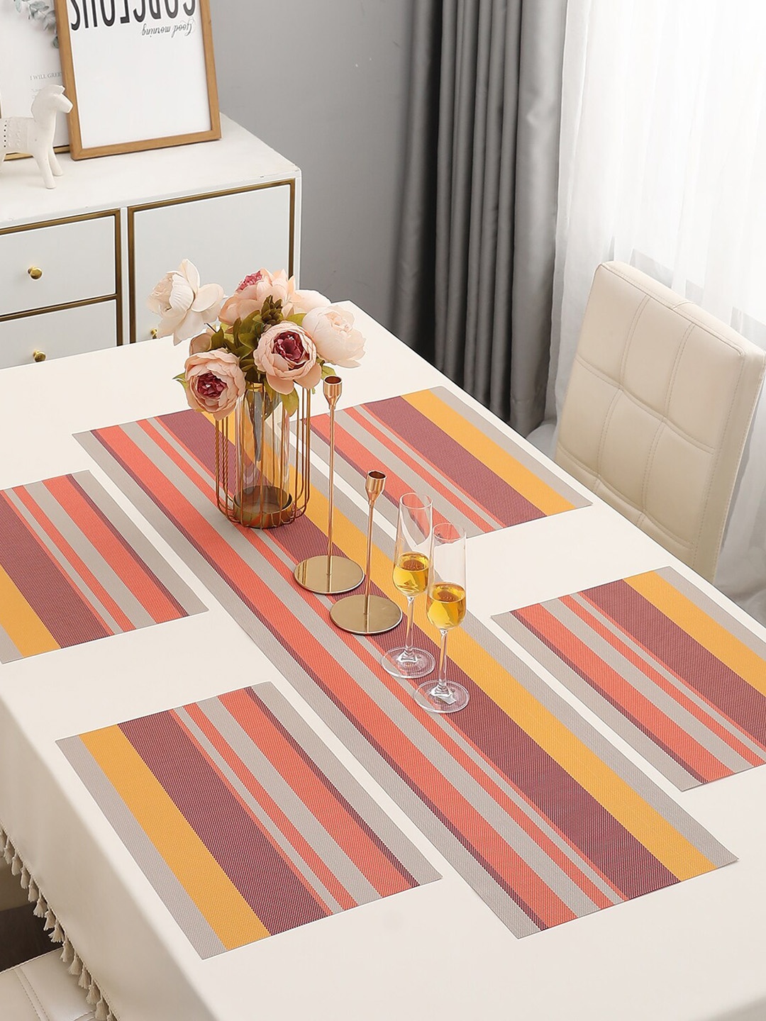 

HOKIPO Orange & Maroon 5 Pieces Striped Table Placemats With Runner