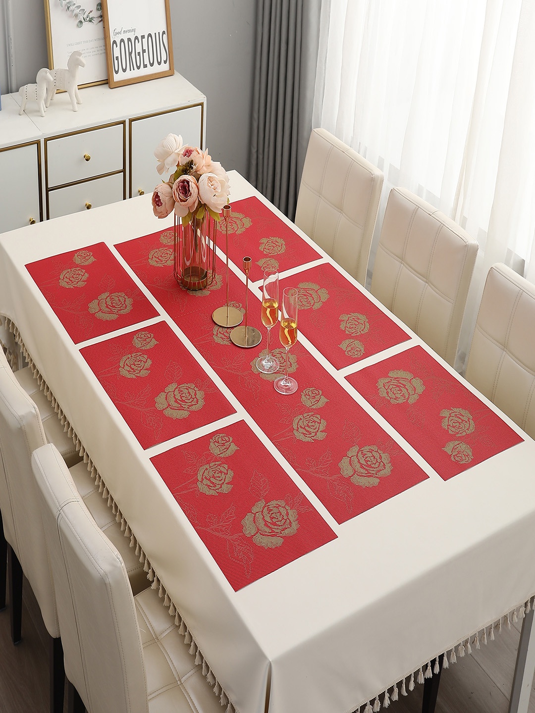 

HOKIPO Red Set Of 7 Floral Print Tablemats with Table Runner