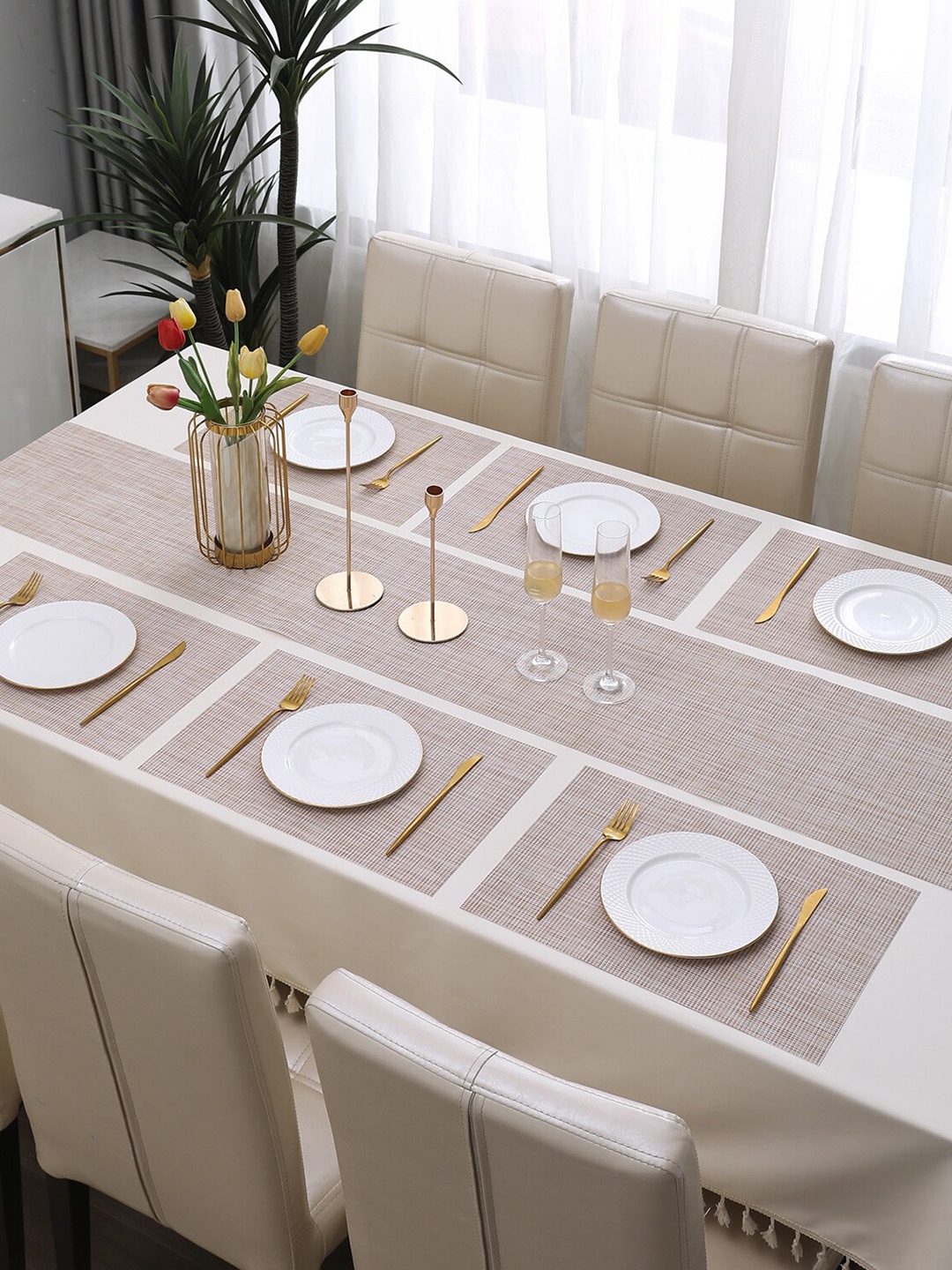 

HOKIPO 7 Pieces Textured Table Mats With Table Runner, Beige