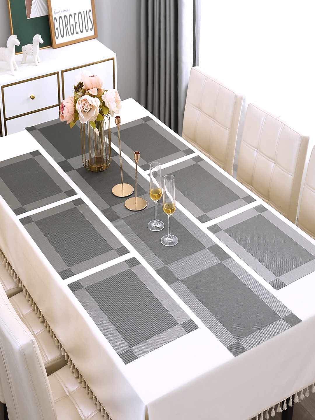

HOKIPO Grey 7-Pieces Solid Rectangular Table Placemats & Table Runner