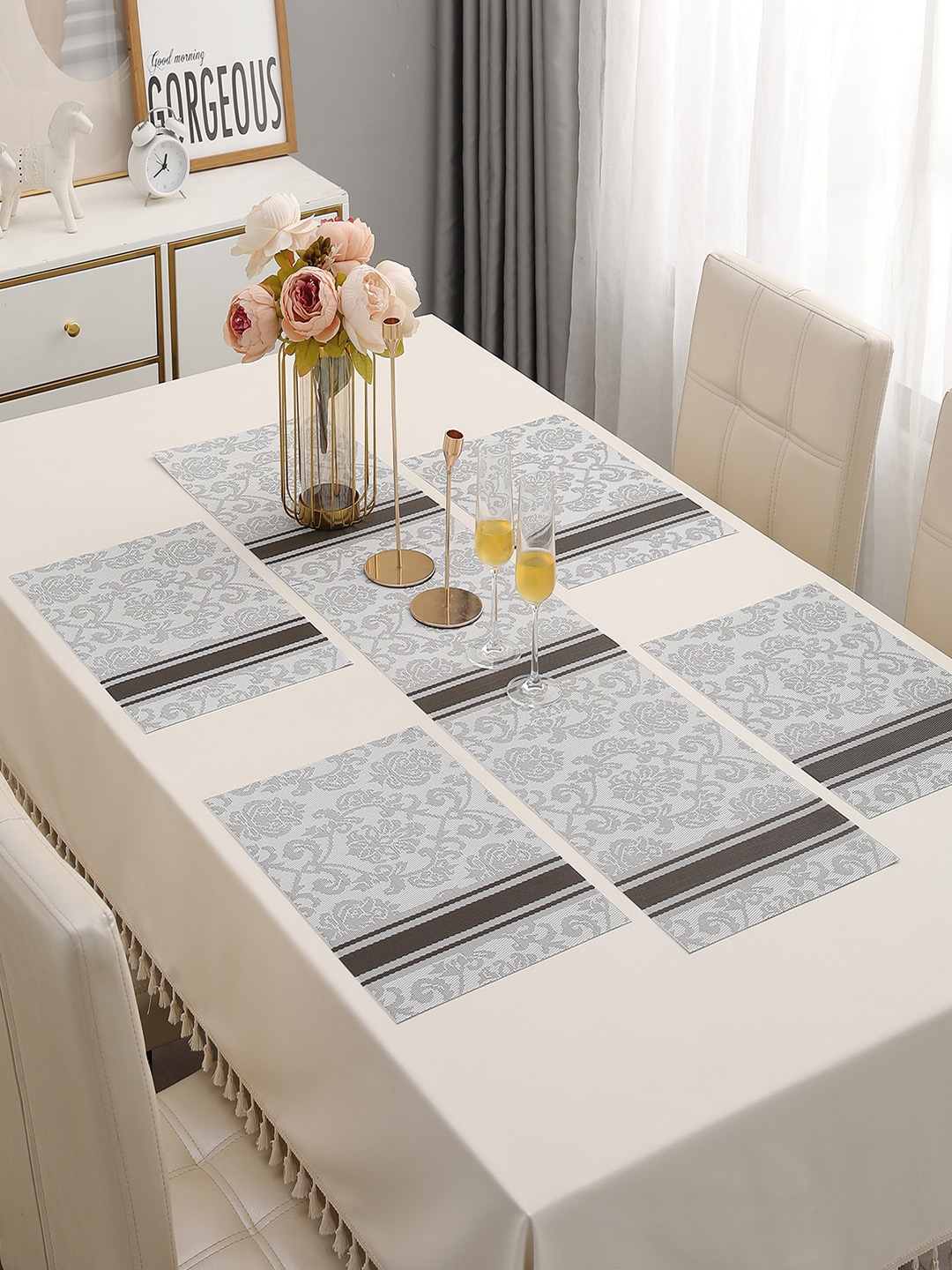 

HOKIPO Grey 5 Pieces Ethnic Motifs Print Table Placemats With Runner