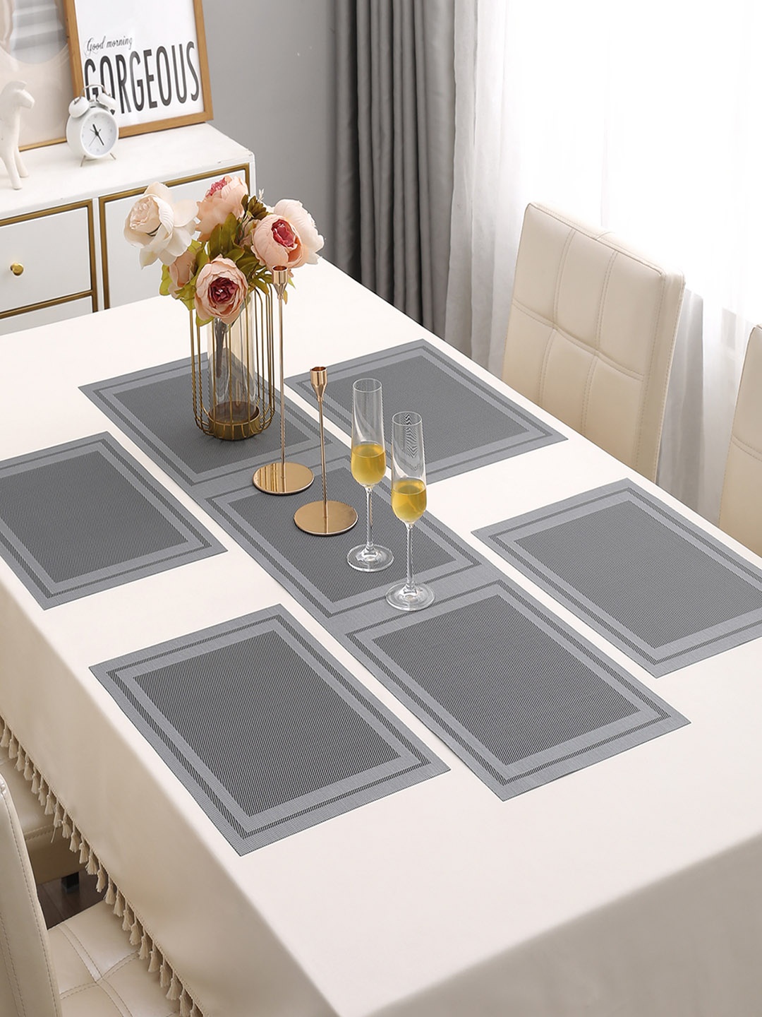 

HOKIPO Grey 5-Pieces Geometric Rectangular Table Placemats & Table Runner