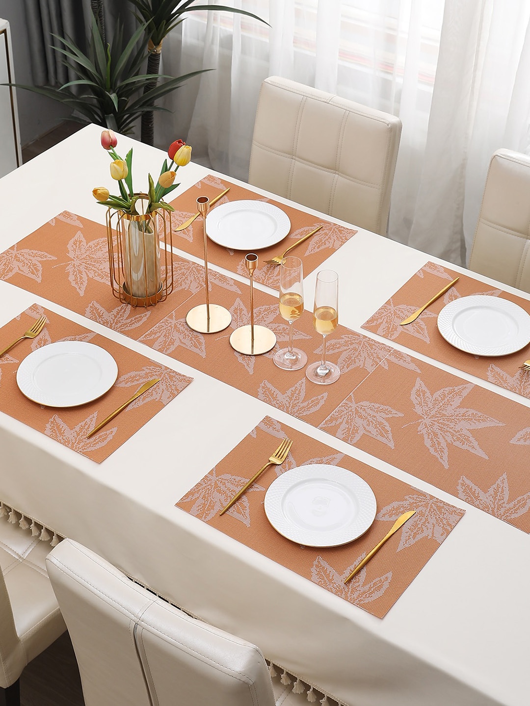 

HOKIPO Orange 5 Pieces Floral Table Placemats With Runner