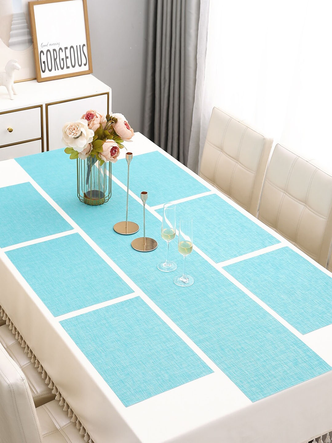 

HOKIPO Blue Set Of 7 Textured Rectangular Table Placemats & Table Runner