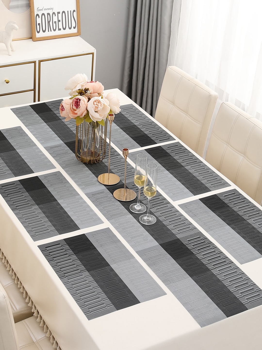 

HOKIPO 7 Pieces Grey Tablemats with Table Runner