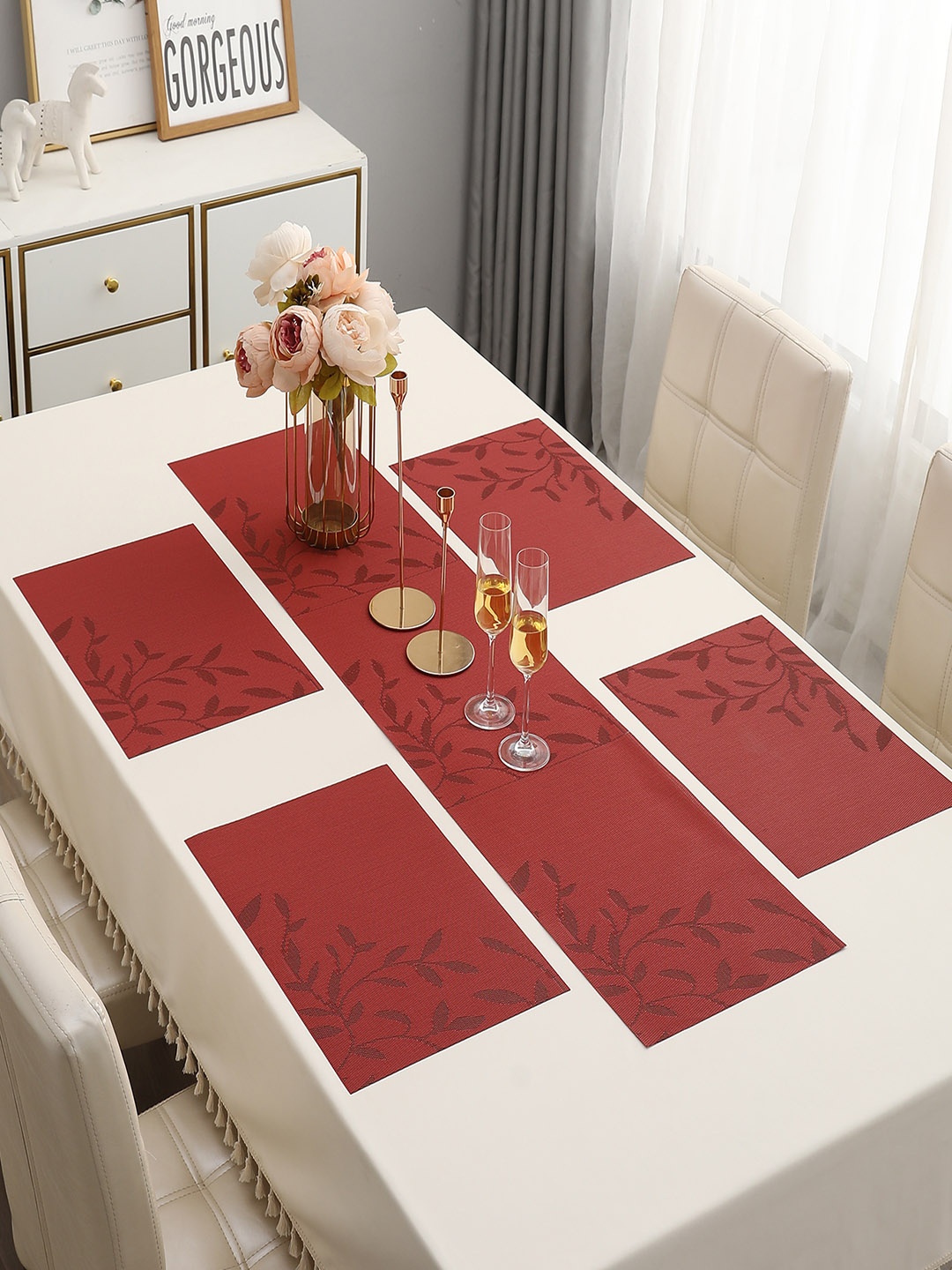 

HOKIPO 5-Pieces Floral Rectangular Table Placemats & Table Runner, Red