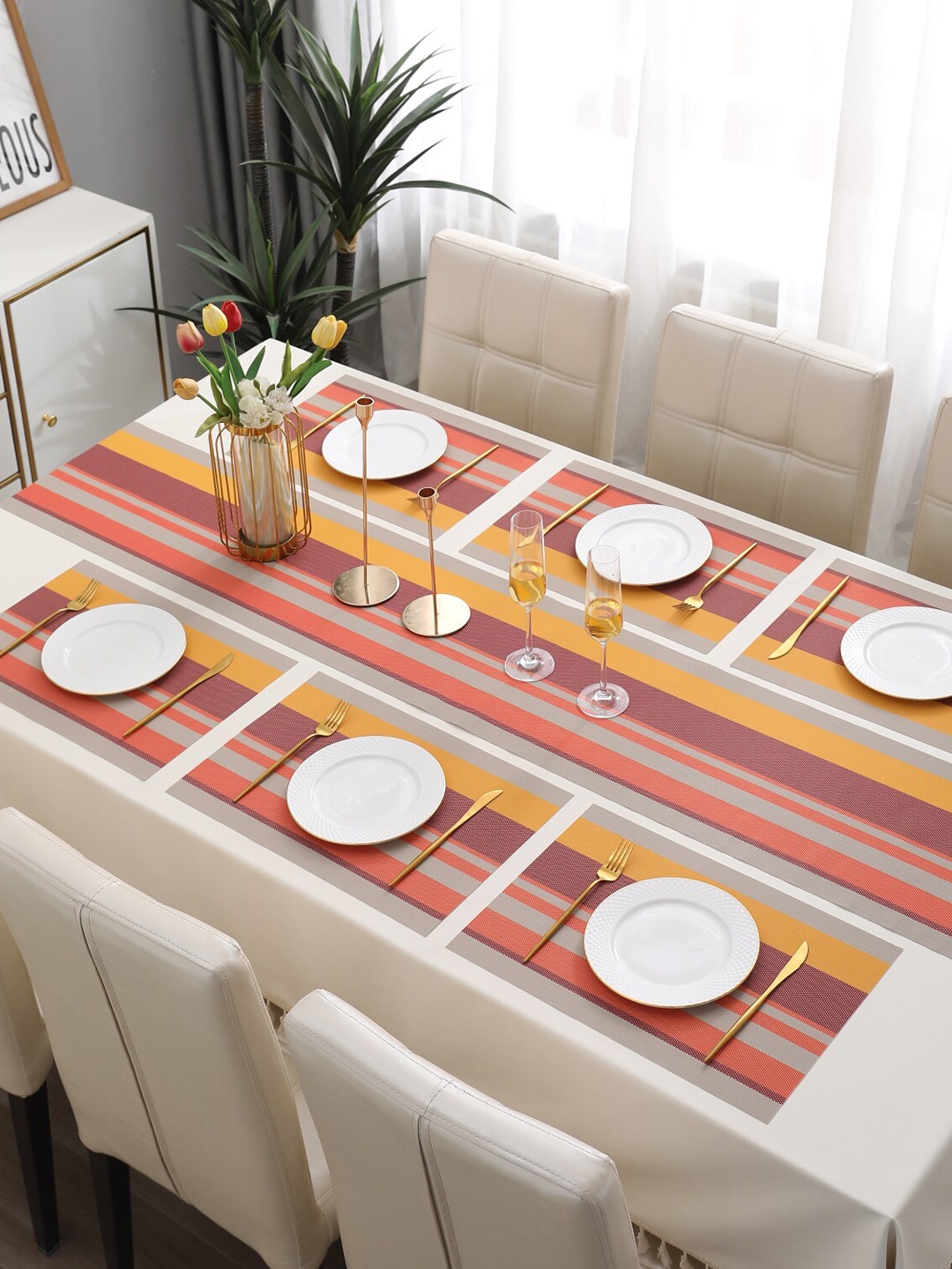 

HOKIPO Set Of 7 Multi-Stripes Tablemats with Table Runner, Orange