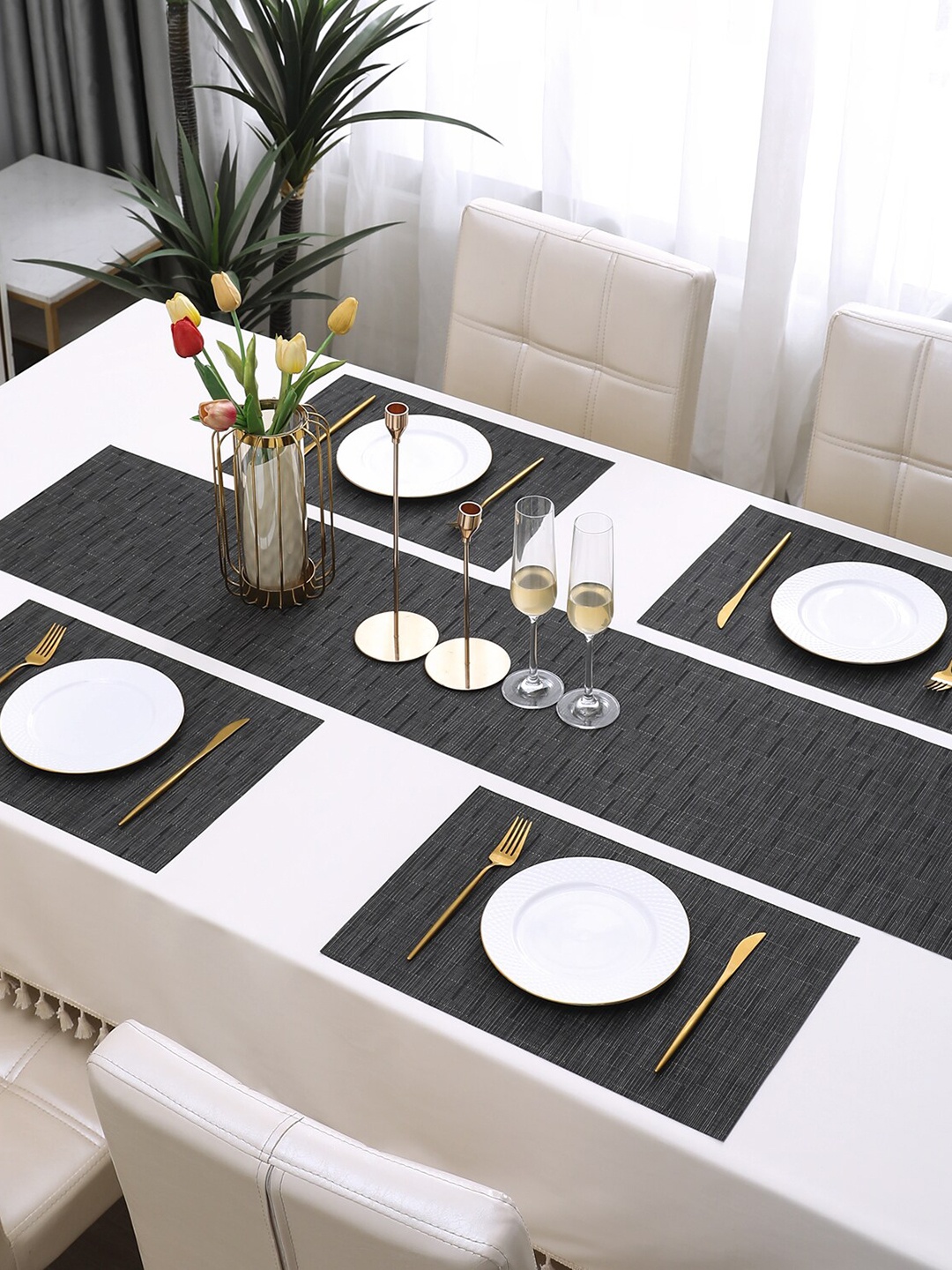 

HOKIPO Black 5-Pieces Solid Rectangular Table Placemats & Table Runner