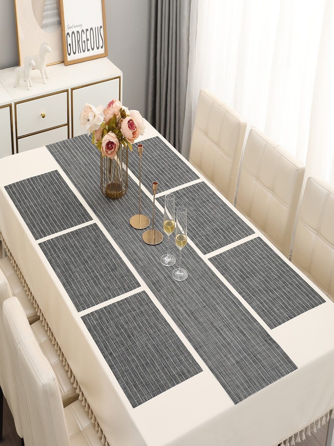 

HOKIPO Grey 7-Pieces Striped Rectangular Table Placemats & Table Runner