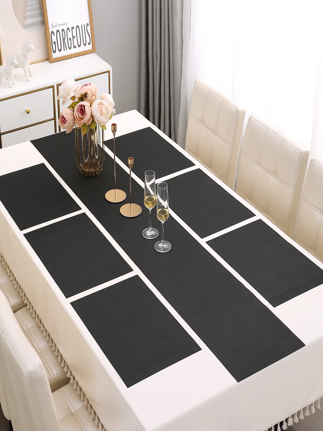 

HOKIPO Black 7-Pieces Solid Rectangular Table Placemats & Table Runner