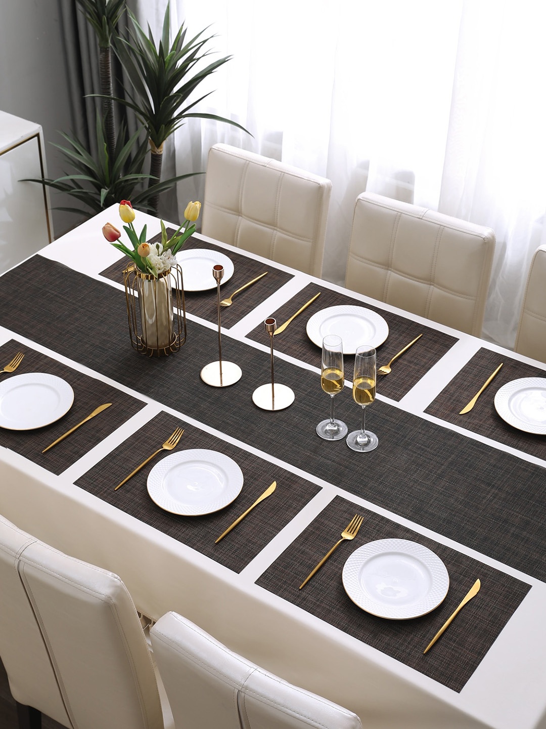 

HOKIPO Brown 7-Pieces Solid Rectangular Table Placemats & Table Runner