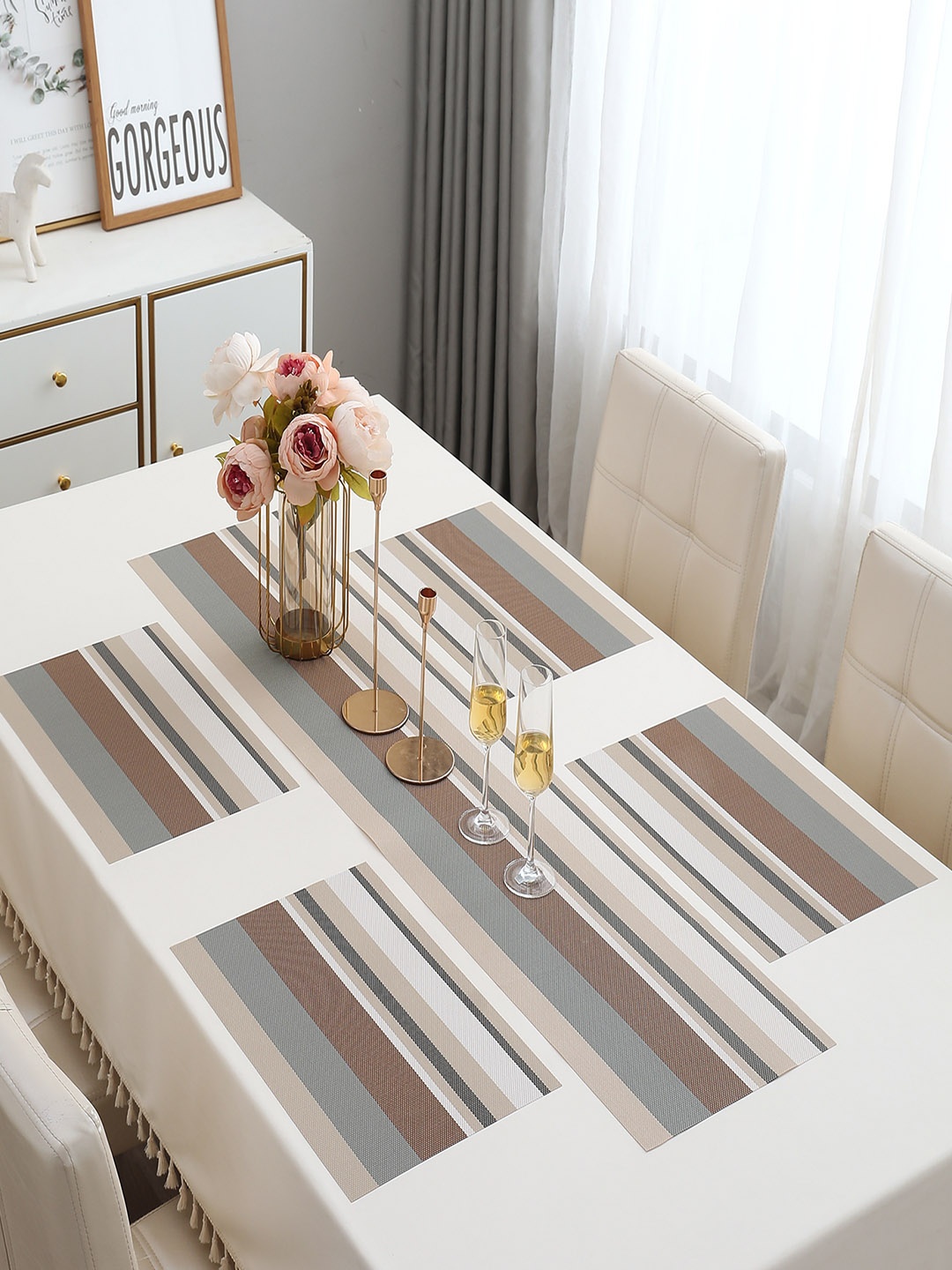 

HOKIPO Set Of 5 Multi-Stripes Rectangular Table Placemats & Table Runner, Beige