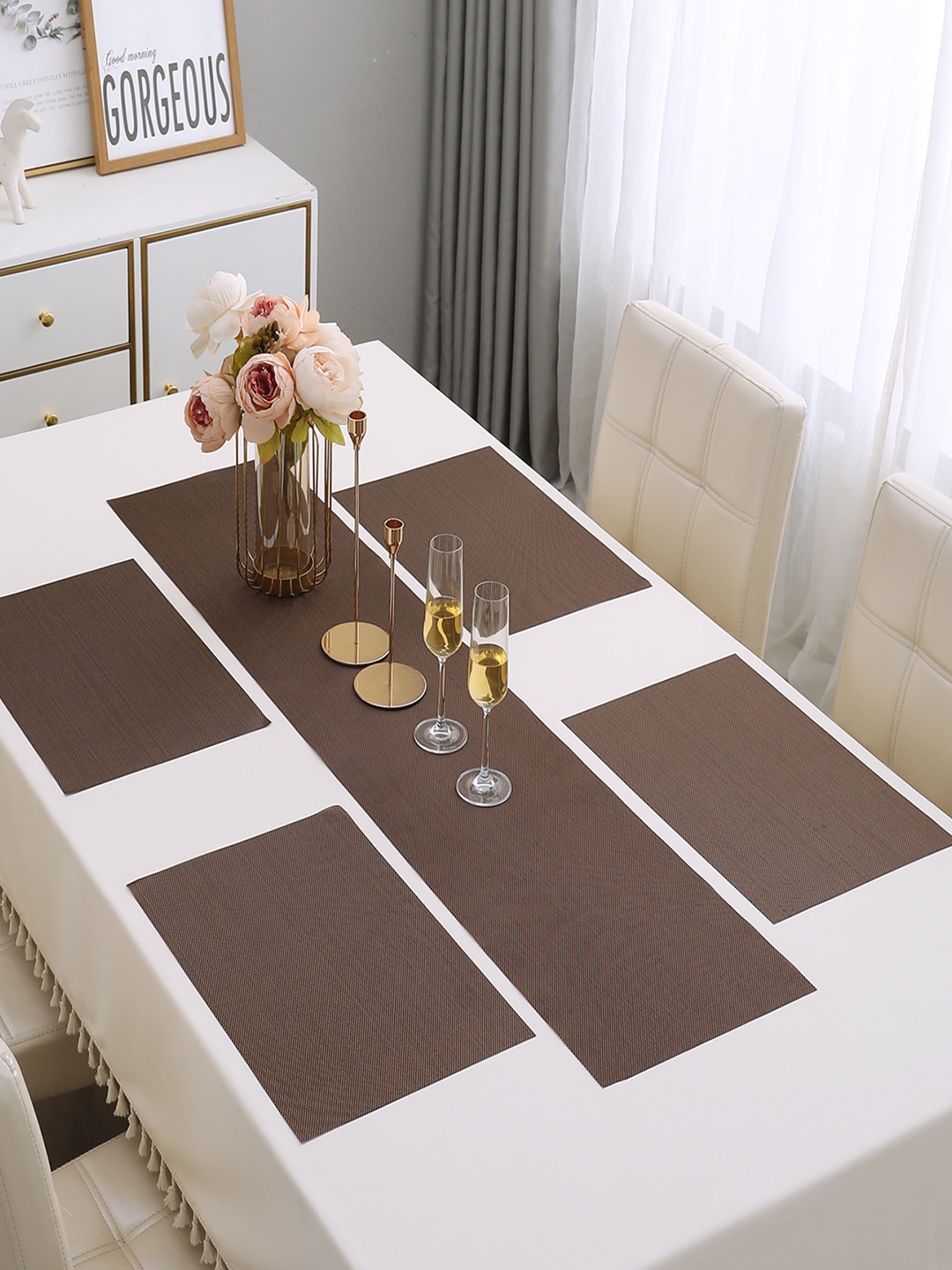 

HOKIPO Brown 5-Pieces Solid Rectangular Table Placemats & Table Runner