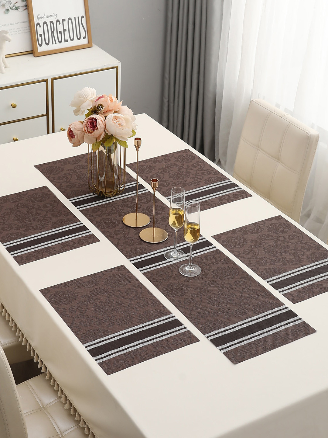 

HOKIPO Brown 5-Pieces Striped Rectangular Table Placemats & Table Runner