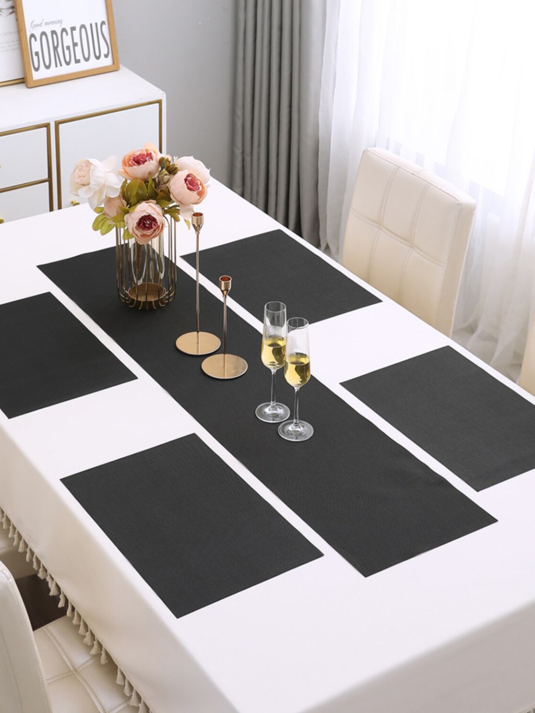 

HOKIPO Black 5-Pieces Solid Rectangular Table Placemats & Table Runner