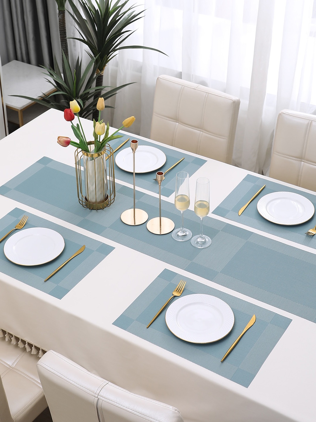 

HOKIPO 5 Pieces Textured & Colourblocked Table Mats with Table Runner, Blue