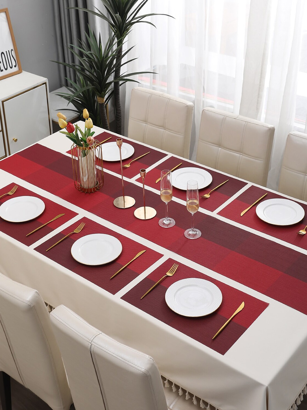 

HOKIPO Red & Maroon 7 Pieces PVC Table Placemats with Table Runner