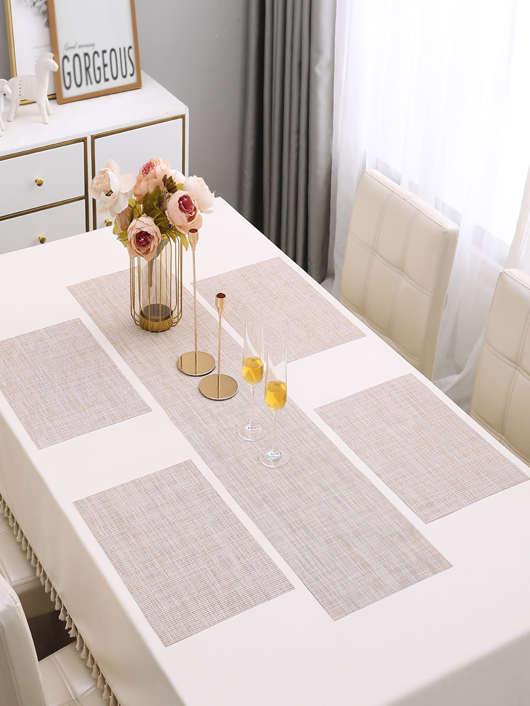 

HOKIPO Beige 5-Pieces Solid Rectangular Table Placemats & Table Runner