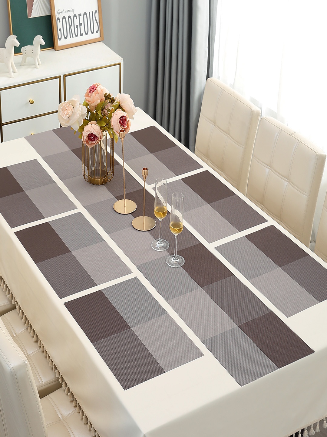 

HOKIPO Brown 7-Pieces Geometric Rectangular Table Placemats & Table Runner