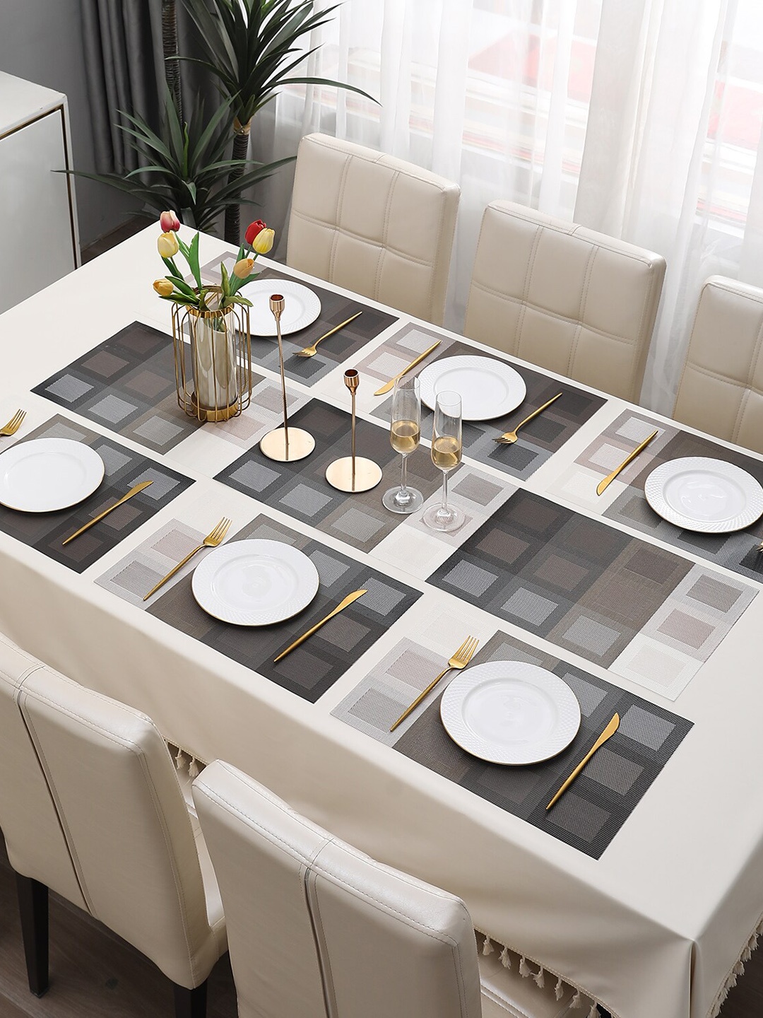

HOKIPO Brown 7-Pieces Geometric Rectangular Table Placemats & Table Runner