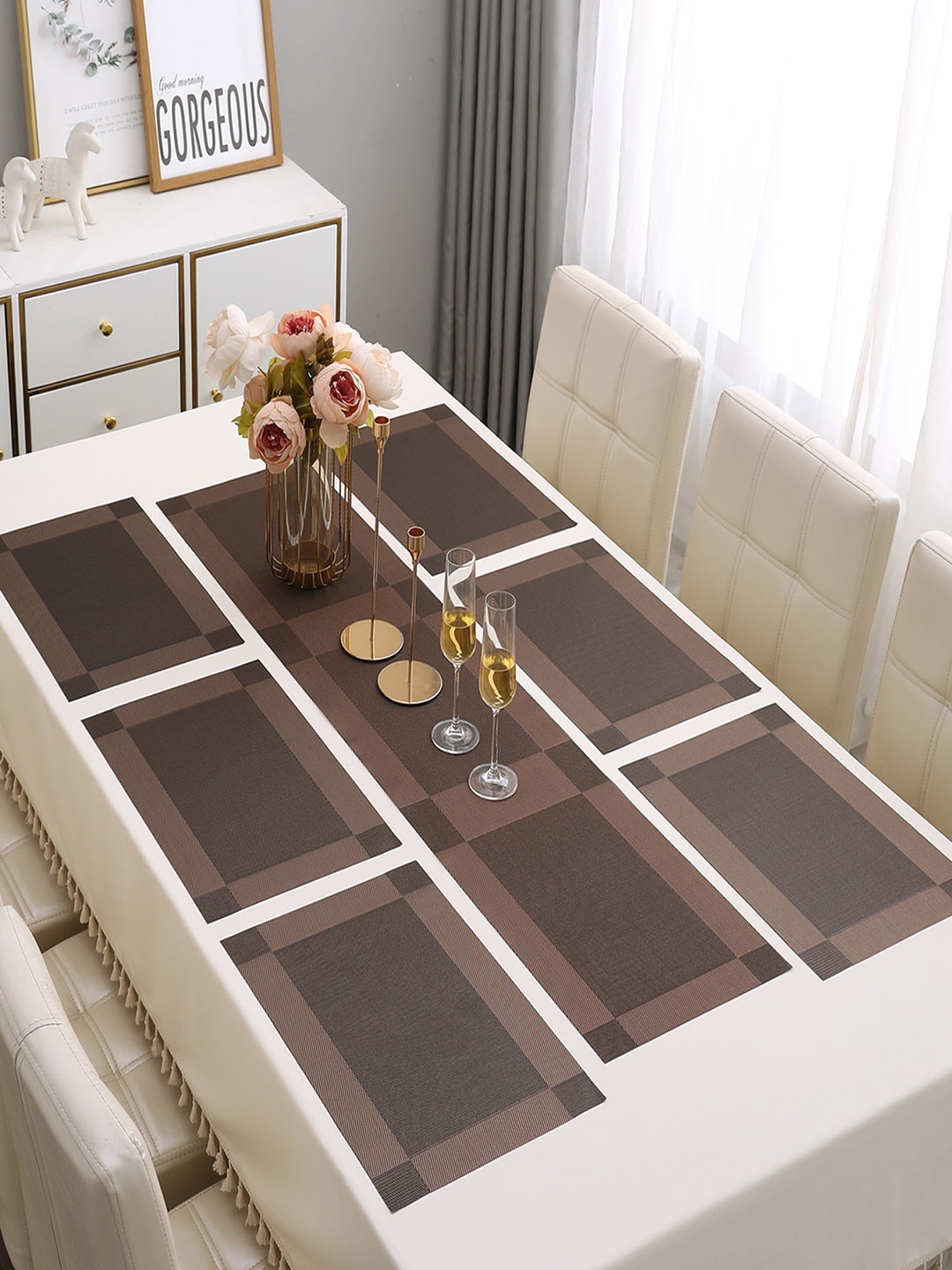 

HOKIPO 7 Pieces Brown Textured & Colourblocked Tablemats with Table Runner