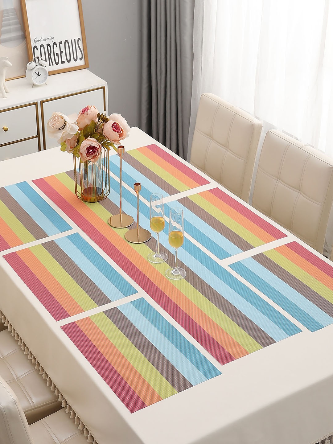 

HOKIPO Blue & Orange 7-Pieces Striped Rectangular Table Placemats & Table Runner