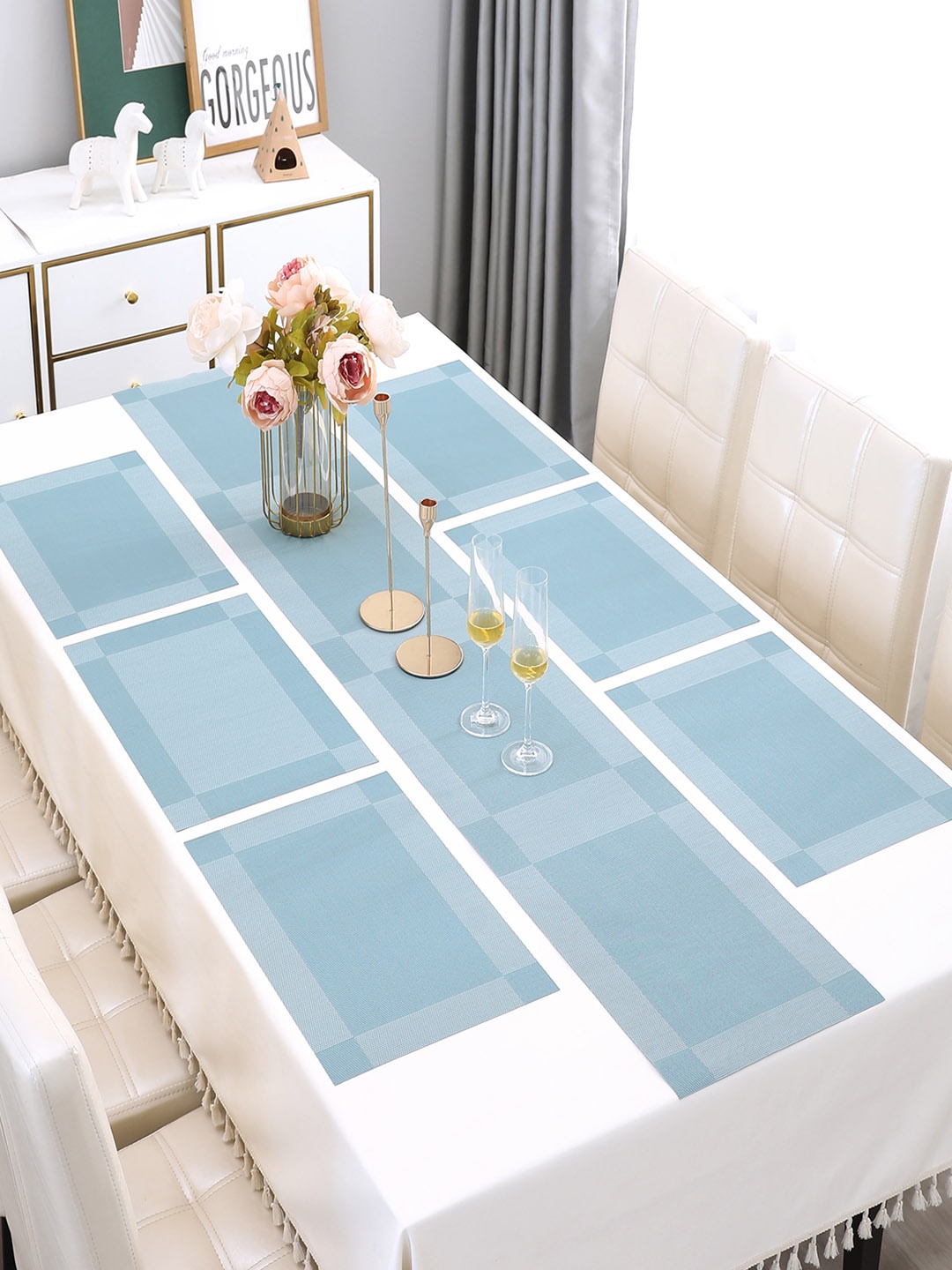 

HOKIPO 6 Pieces Textured & Colourblocked PVC Washable Placemats With 1 Runner, Blue