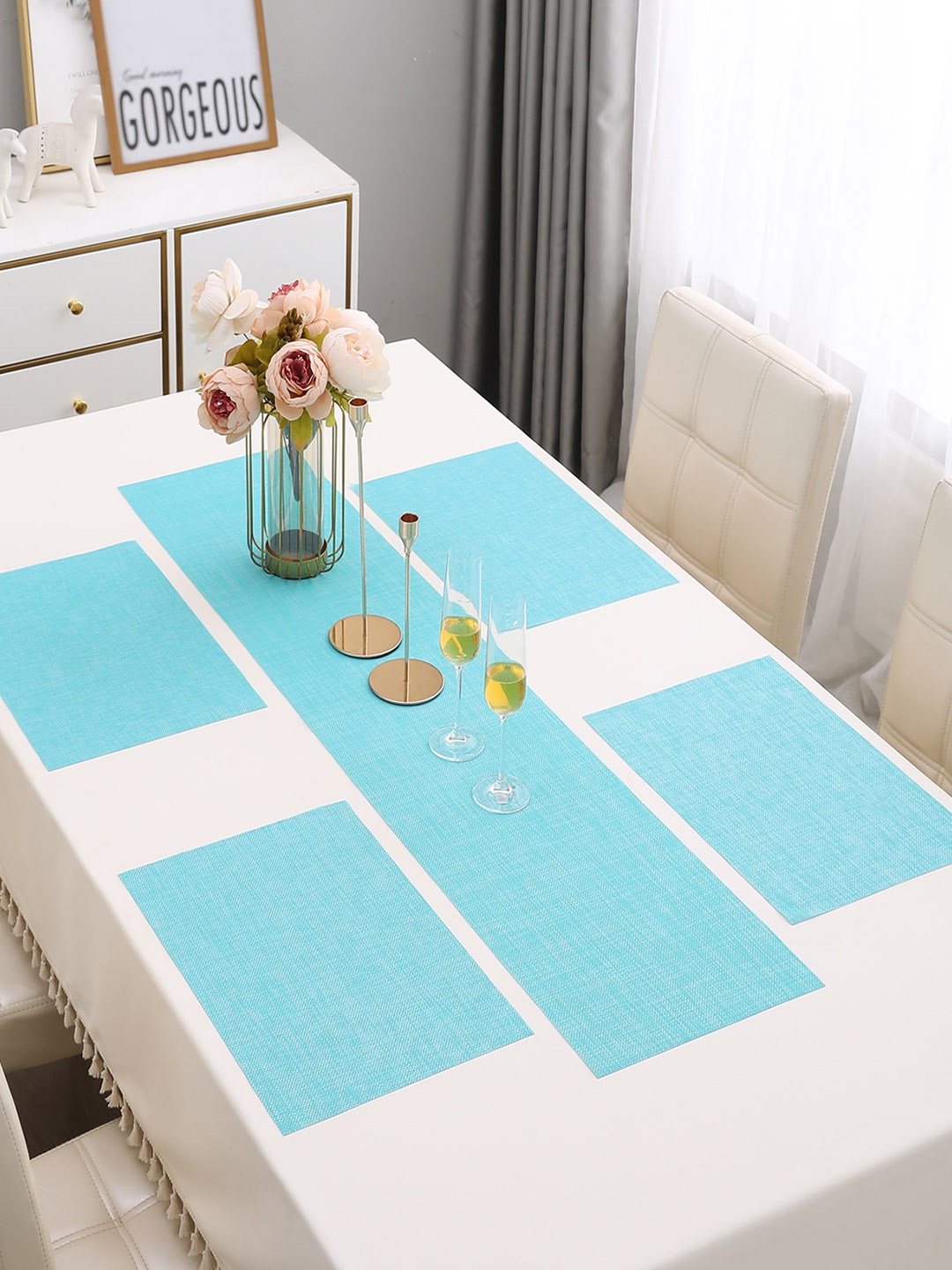 

HOKIPO Blue 5 Pieces Table Placemats With Runner