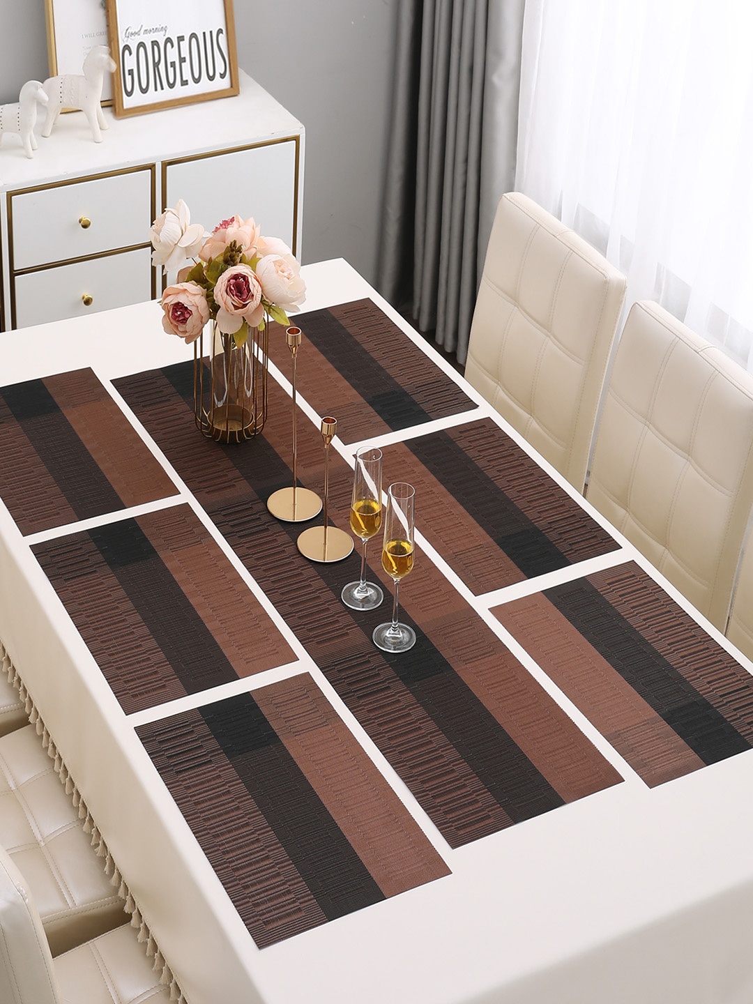 

HOKIPO Brown 7-Pieces Striped Rectangular Table Placemats & Table Runner