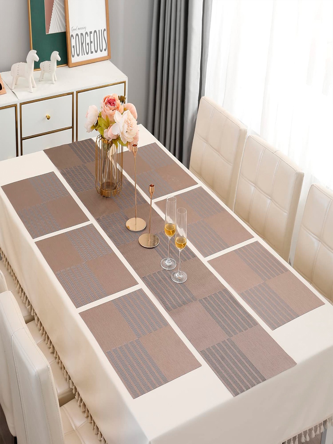 

HOKIPO 7 Pieces Brown Tablemats with Table Runner