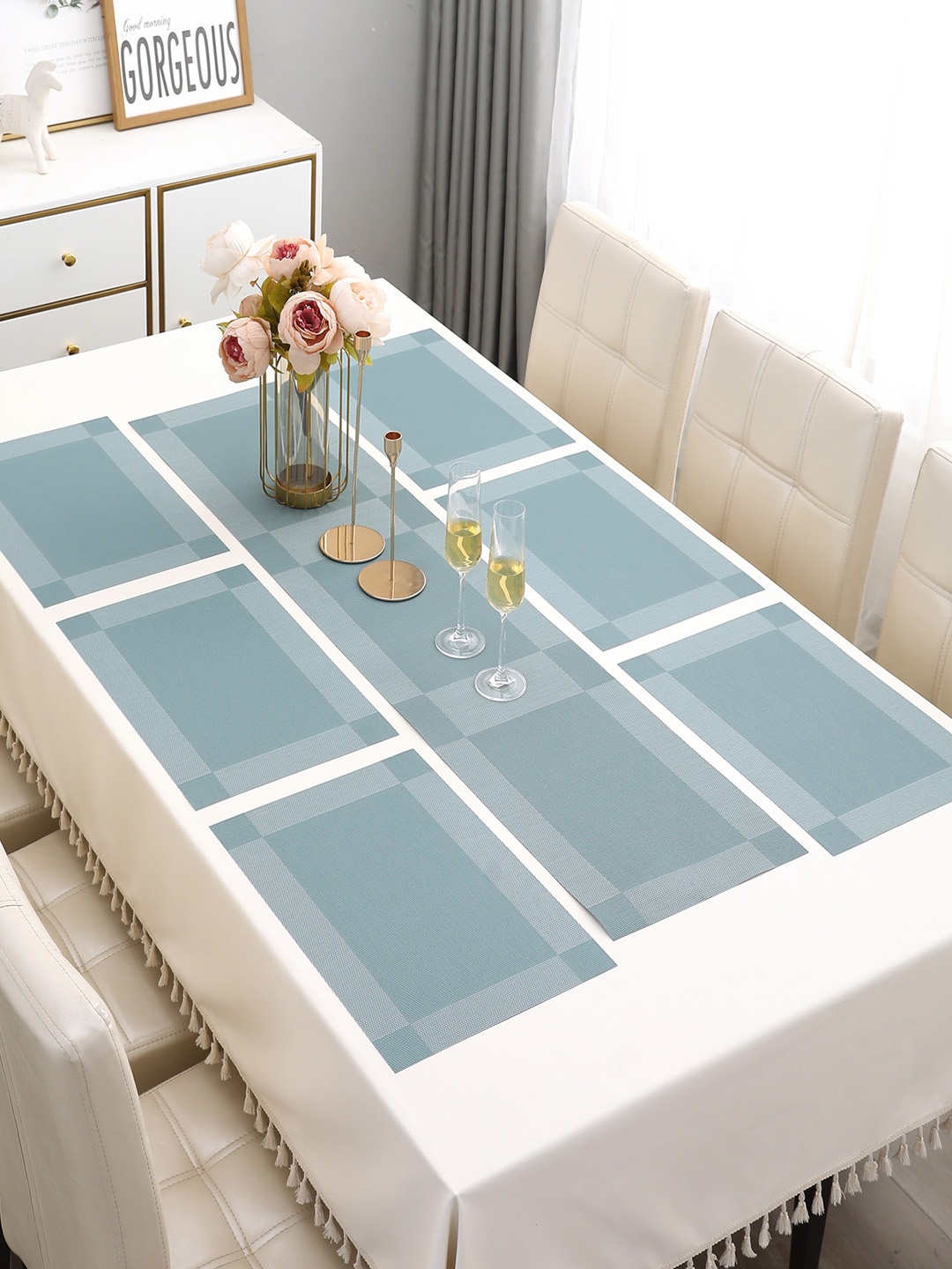 

HOKIPO Blue 7 Pieces Textured & Colourblocked Tablemats with Table Runner