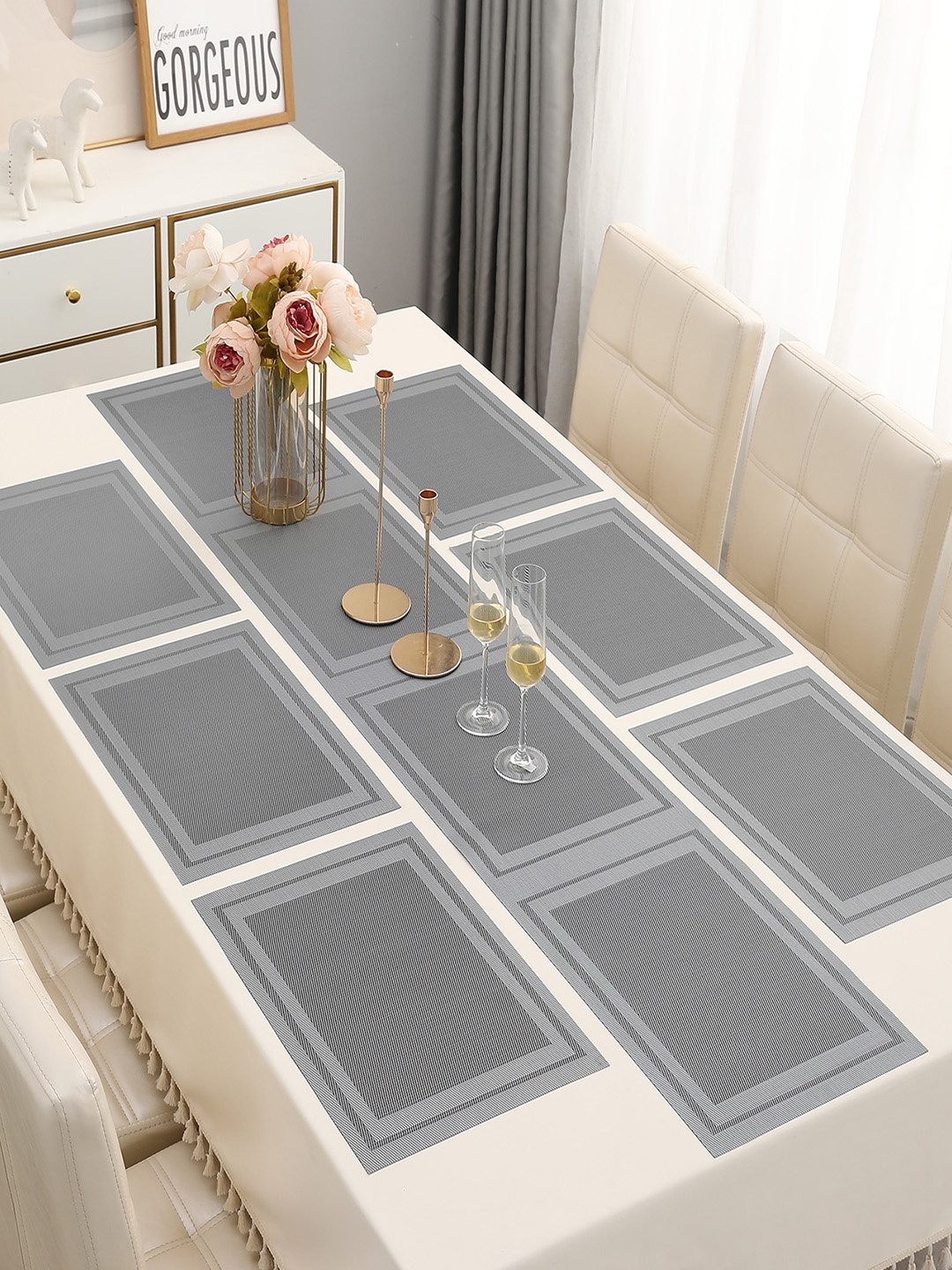 

HOKIPO 7 Pieces Silver-Toned Textured & Colourblocked Rectangular Table Placemats & Runner, Grey
