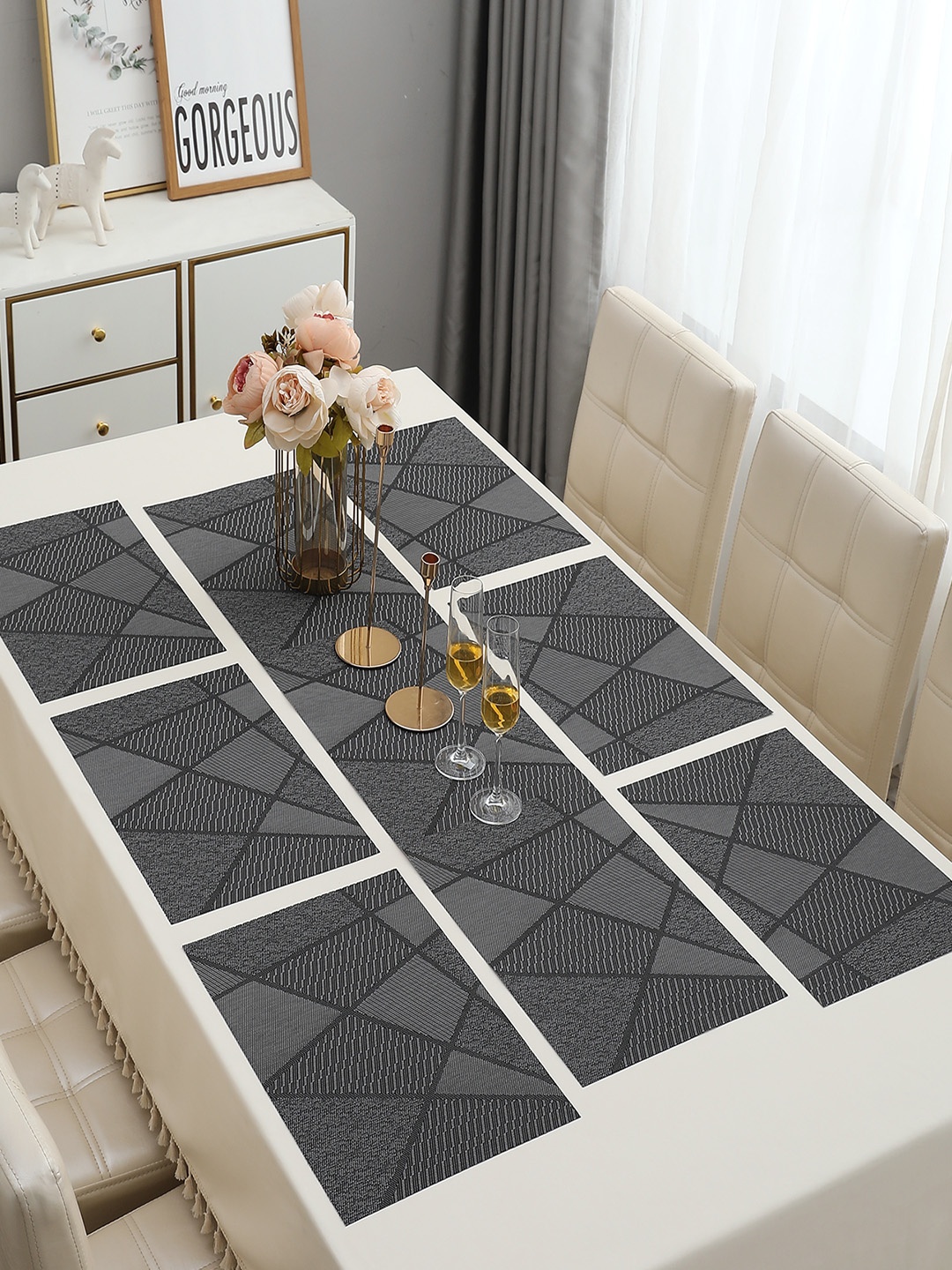 

HOKIPO Black 7-Pieces Geometric Rectangular Table Placemats & Table Runner