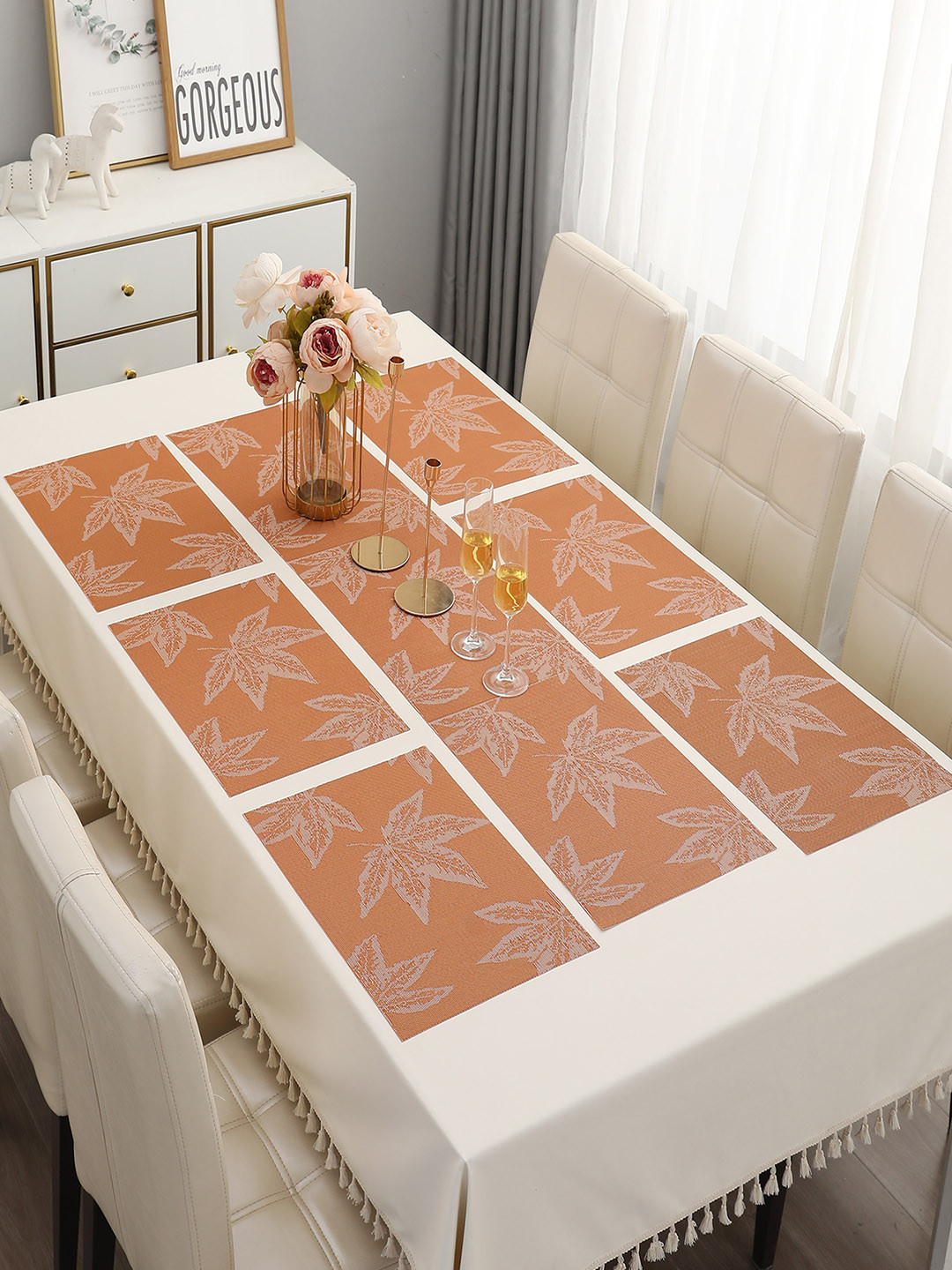 

HOKIPO Orange 7-Pieces Floral Rectangular Table Placemats & Table Runner