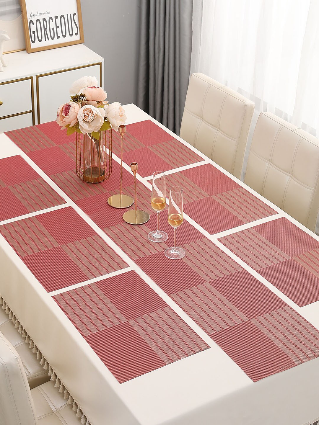 

HOKIPO 6 Pieces Geometric Printed Table Placemats With 1 Runner, Red