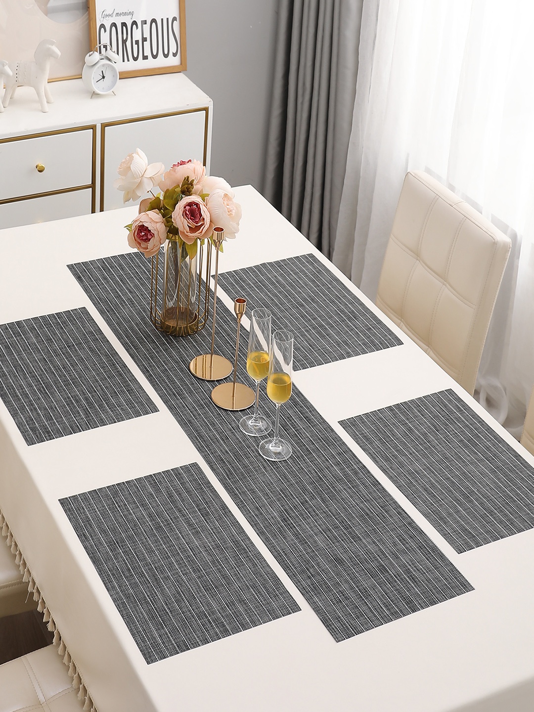 

HOKIPO Grey 5 Pieces Striped Table Placemats With Runner