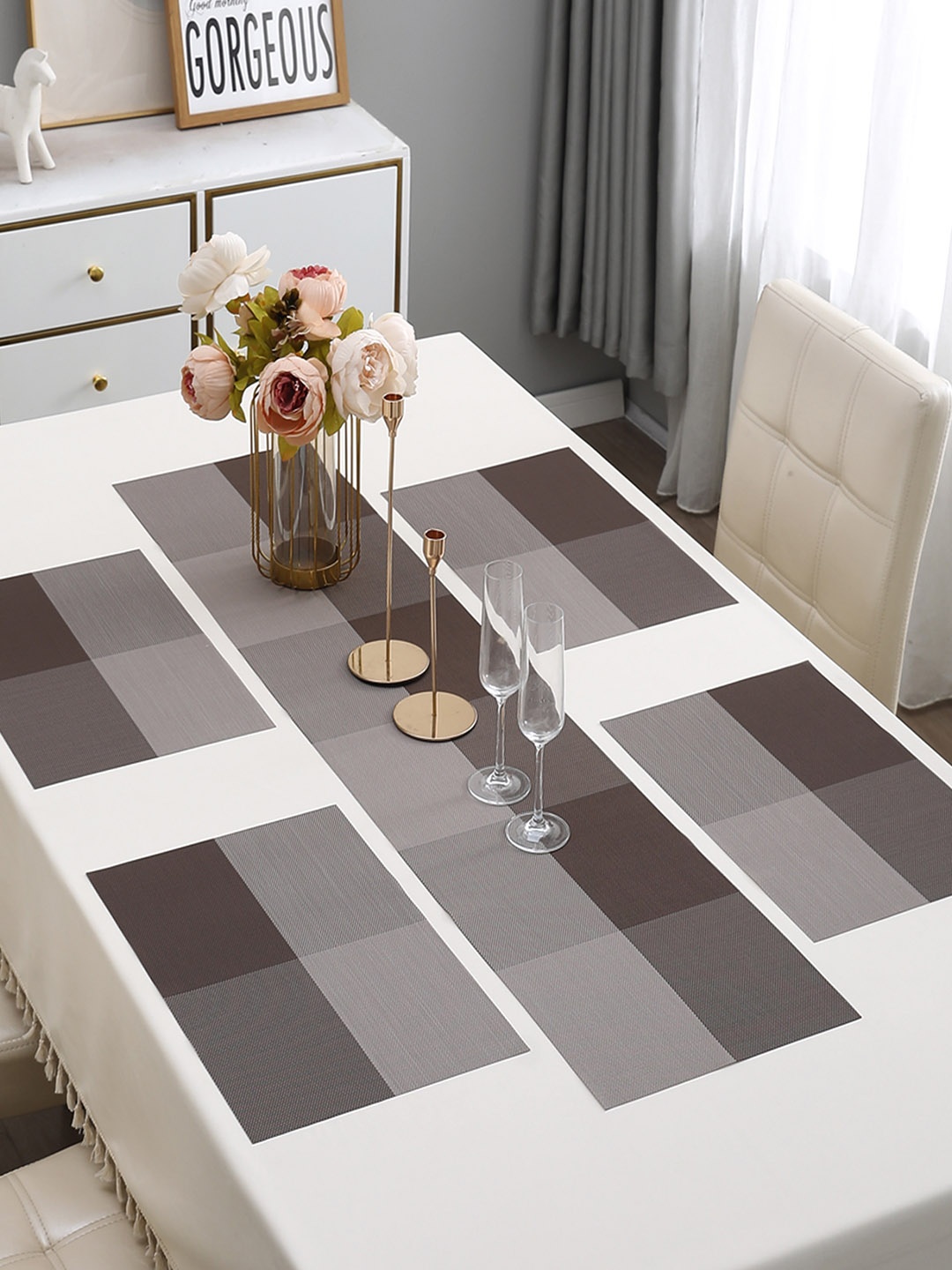 

HOKIPO Brown 5 Pieces Colourblocked Table Placemats With Runner