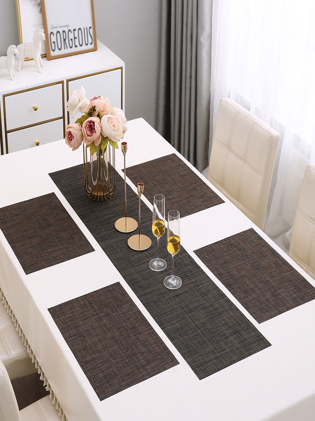

HOKIPO Brown 5-Pieces Textured Rectangular Table Placemats & Table Runner