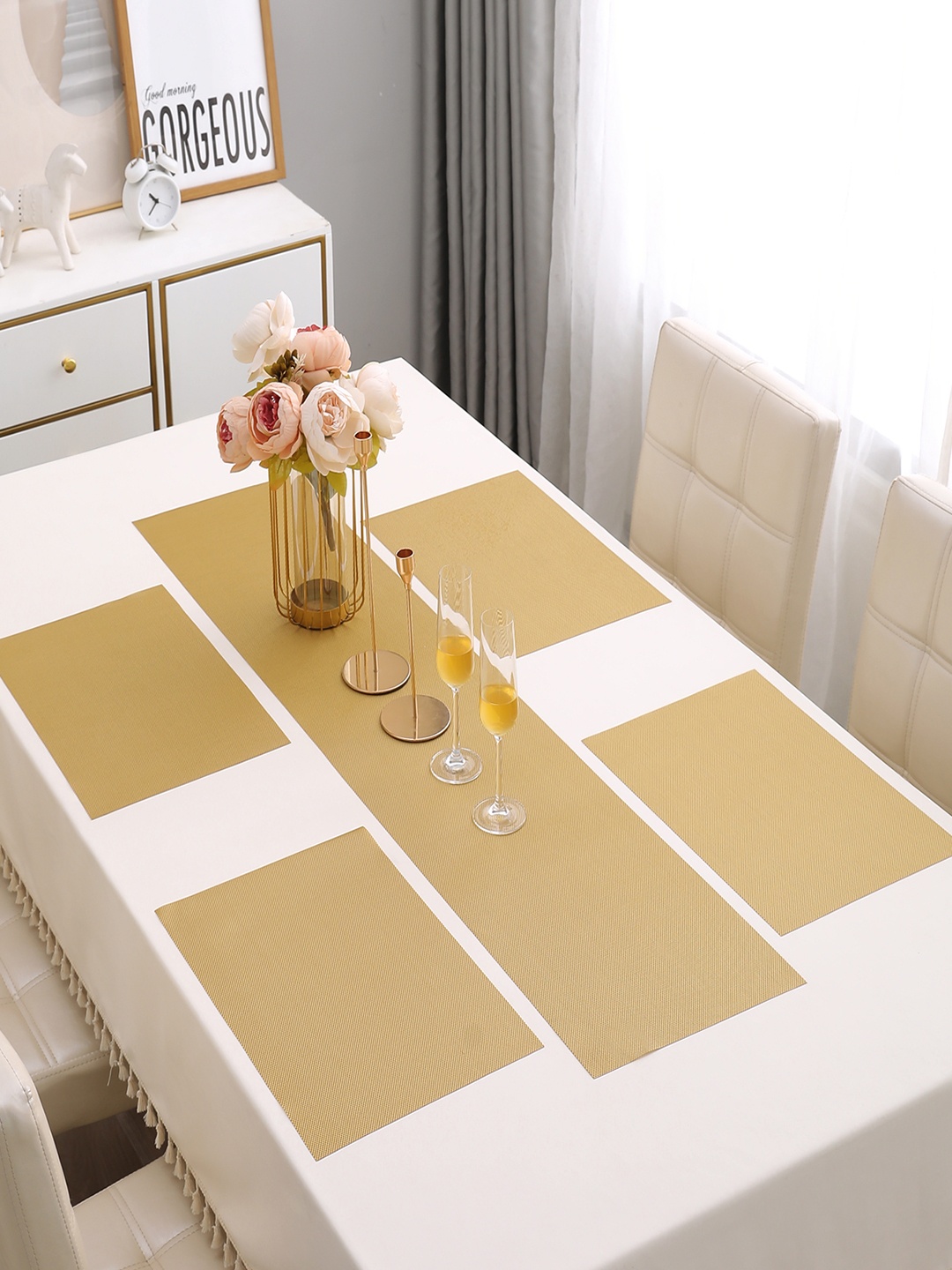 

HOKIPO 5 Pieces Beige Solid Table Placemats With Runner