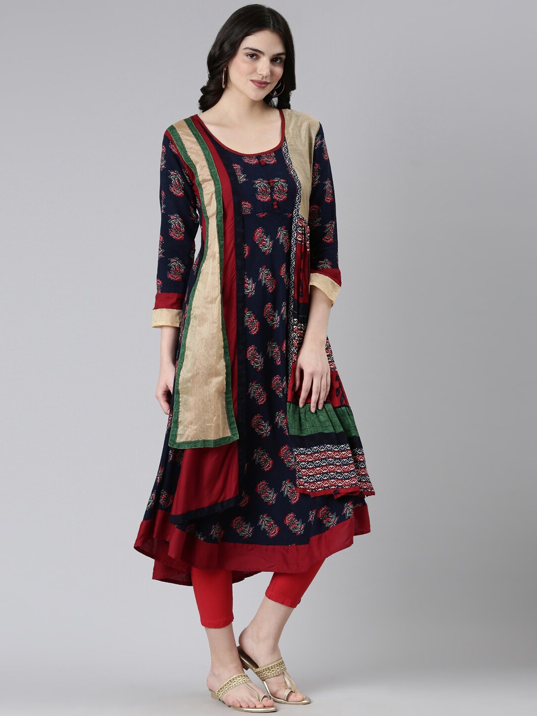 

Souchii Floral Kalamkari Printed Layered High-Low Hem A-Line Kurta, Navy blue