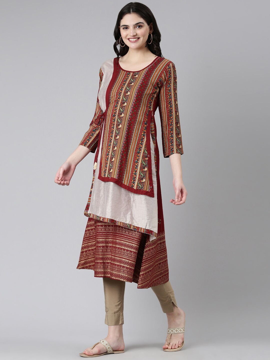 

Souchii Women Ethnic Motifs Printed Liva Layered Kurta, Brown