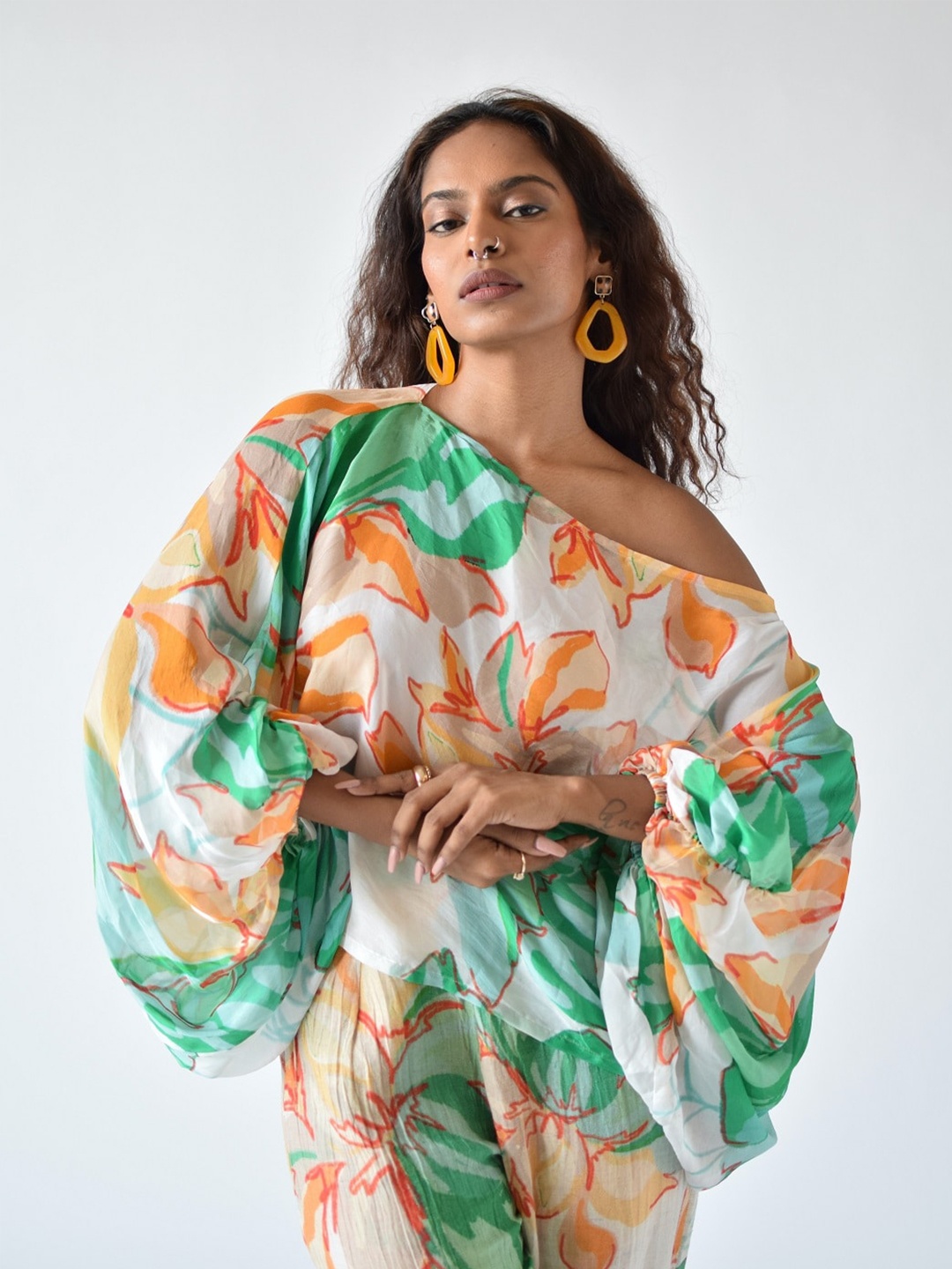 

MISSY Floral Printed Batwing Sleeves Kaftan Top, White