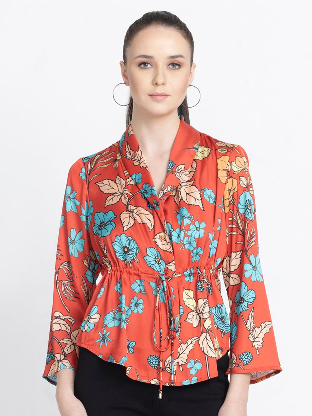 

SHAYE Floral Printed V-Neck Cinched Waist Top, Red