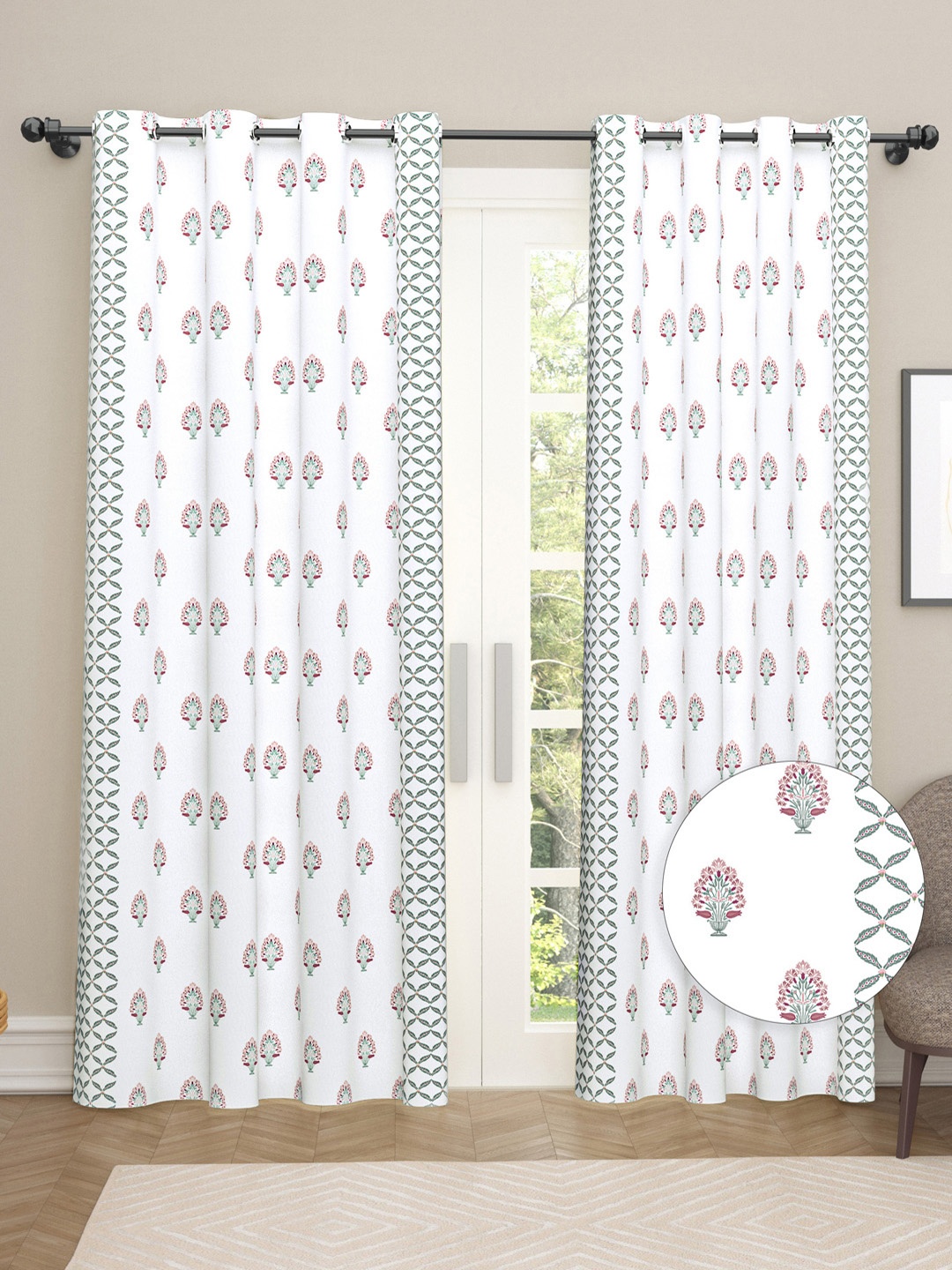 

haus & kinder White & Pink 2 Pieces Floral Printed Cotton Room Darkening Door Curtains