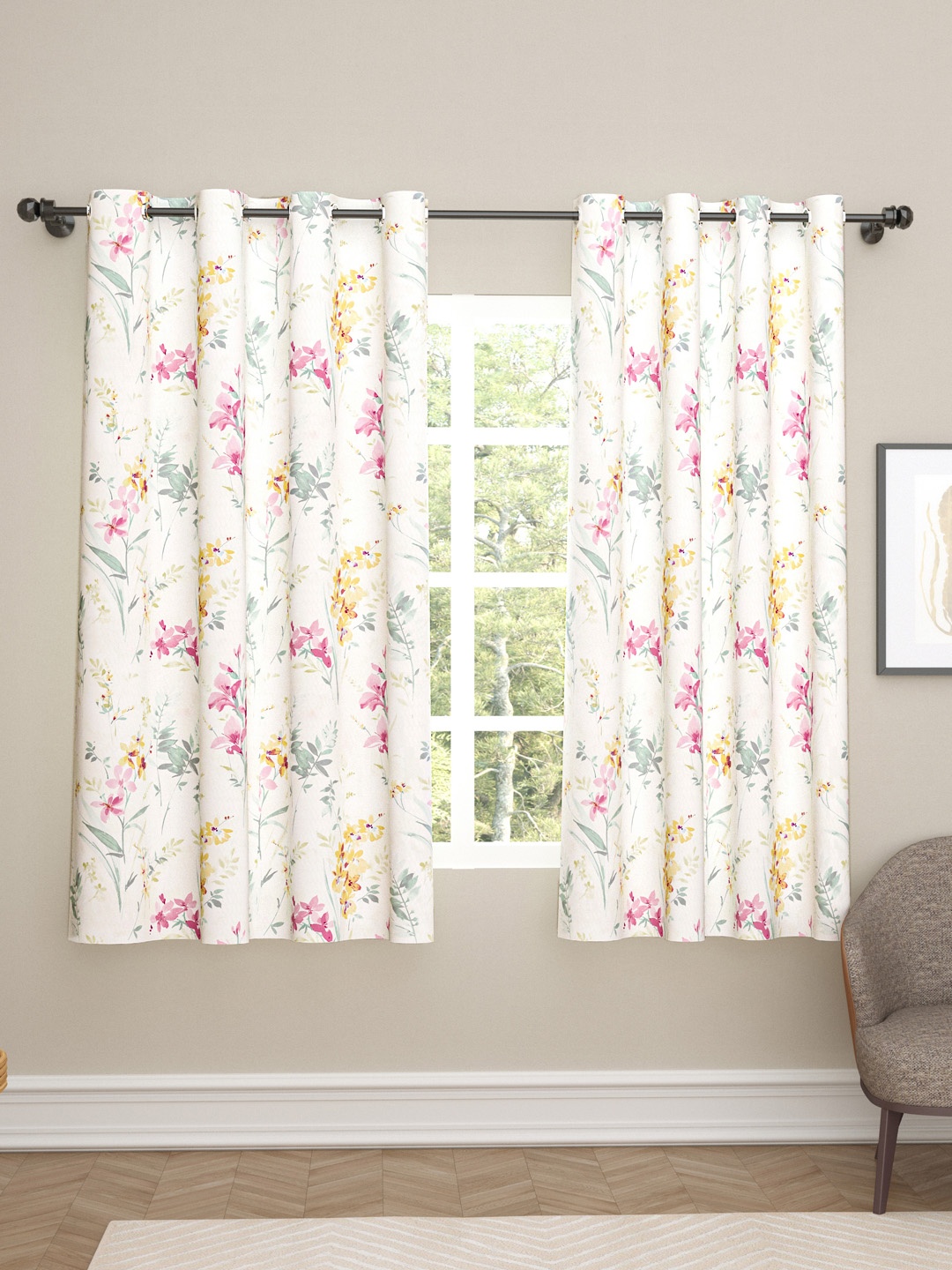 

haus & kinder White & Pink 2 Pieces Floral Printed Satin Black Out Window Curtains