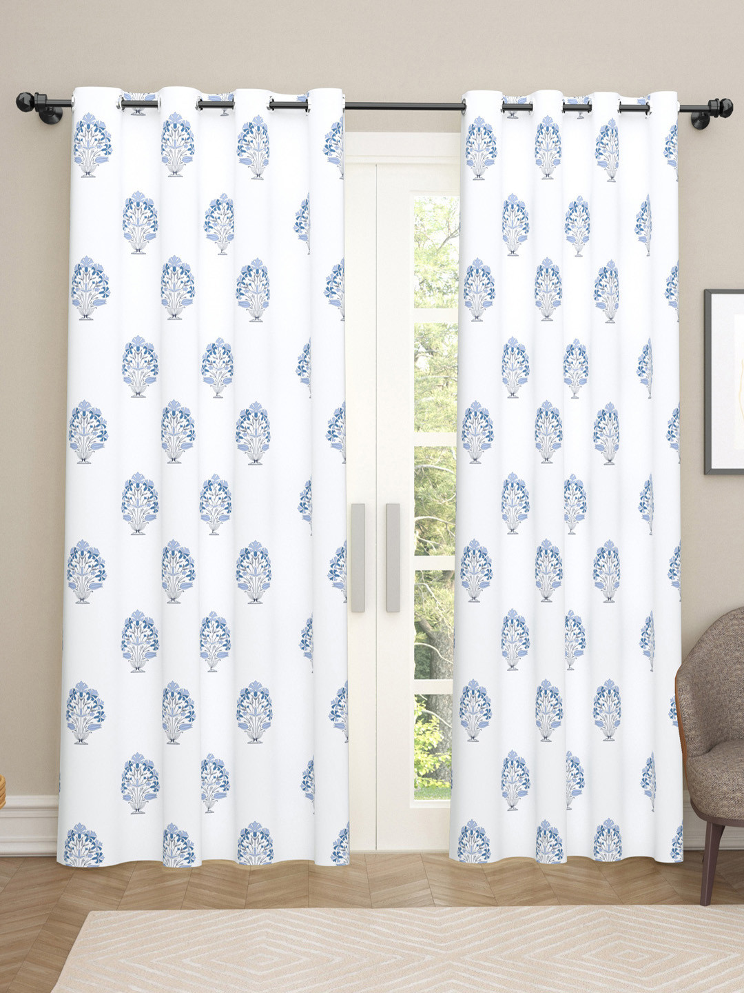 

haus & kinder White & Blue 2 Pieces Floral Printed Cotton Black Out Long Door Curtains