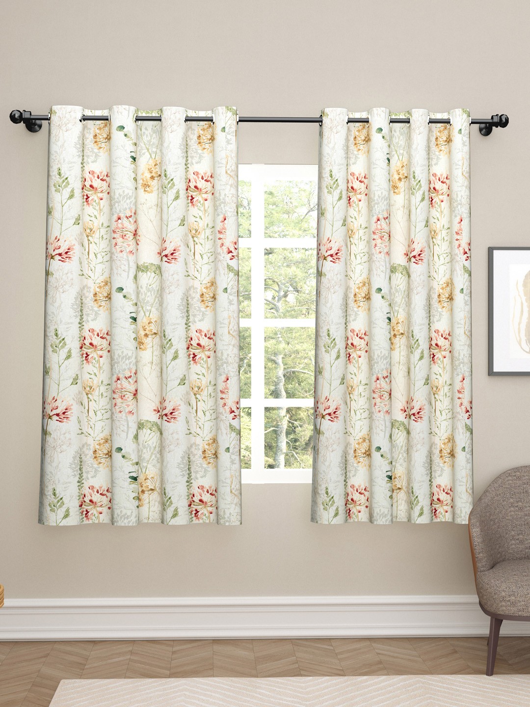 

haus & kinder White & Red 2 Pieces Floral Printed Satin Black Out Window Curtains