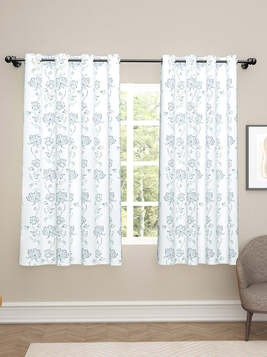 

haus & kinder White & Grey 2 Pieces Floral Printed Cotton Room Darkening Window Curtains