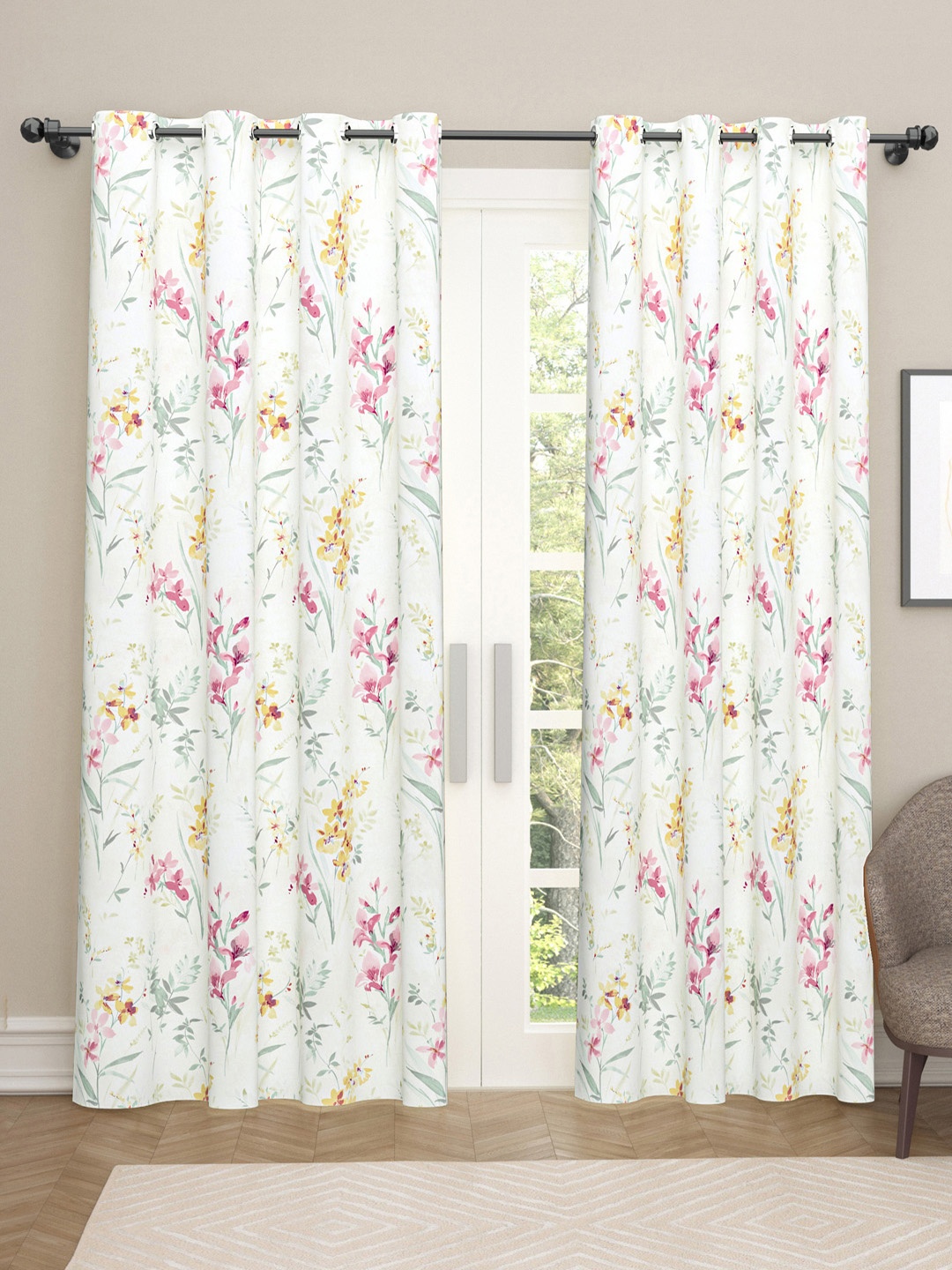 

haus & kinder Pink & White 2 Pieces Floral Printed Satin Black Out Long Door Curtains