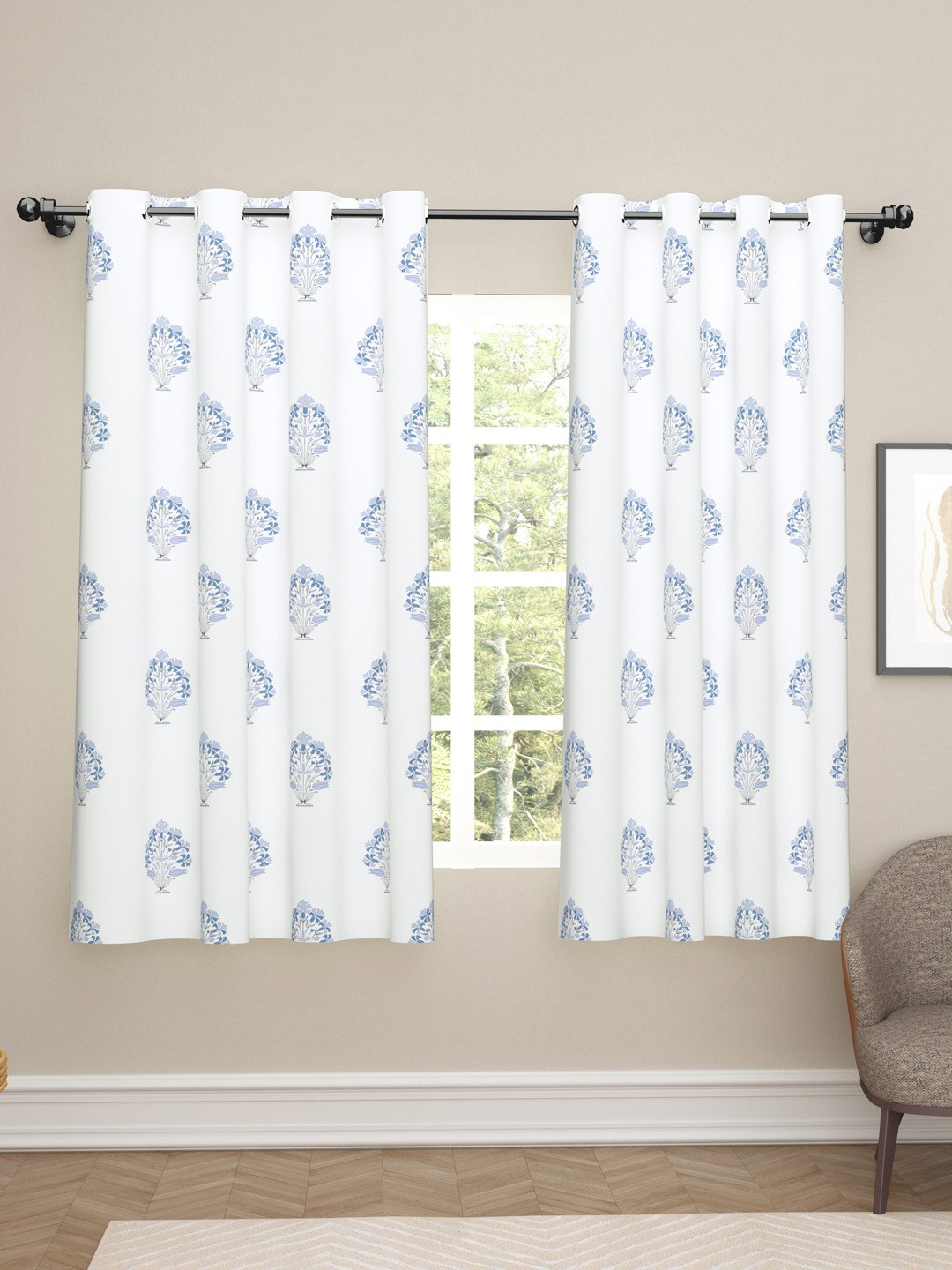 

haus & kinder White & Blue 2 Pieces Floral Printed Cotton Room Darkening Window Curtains